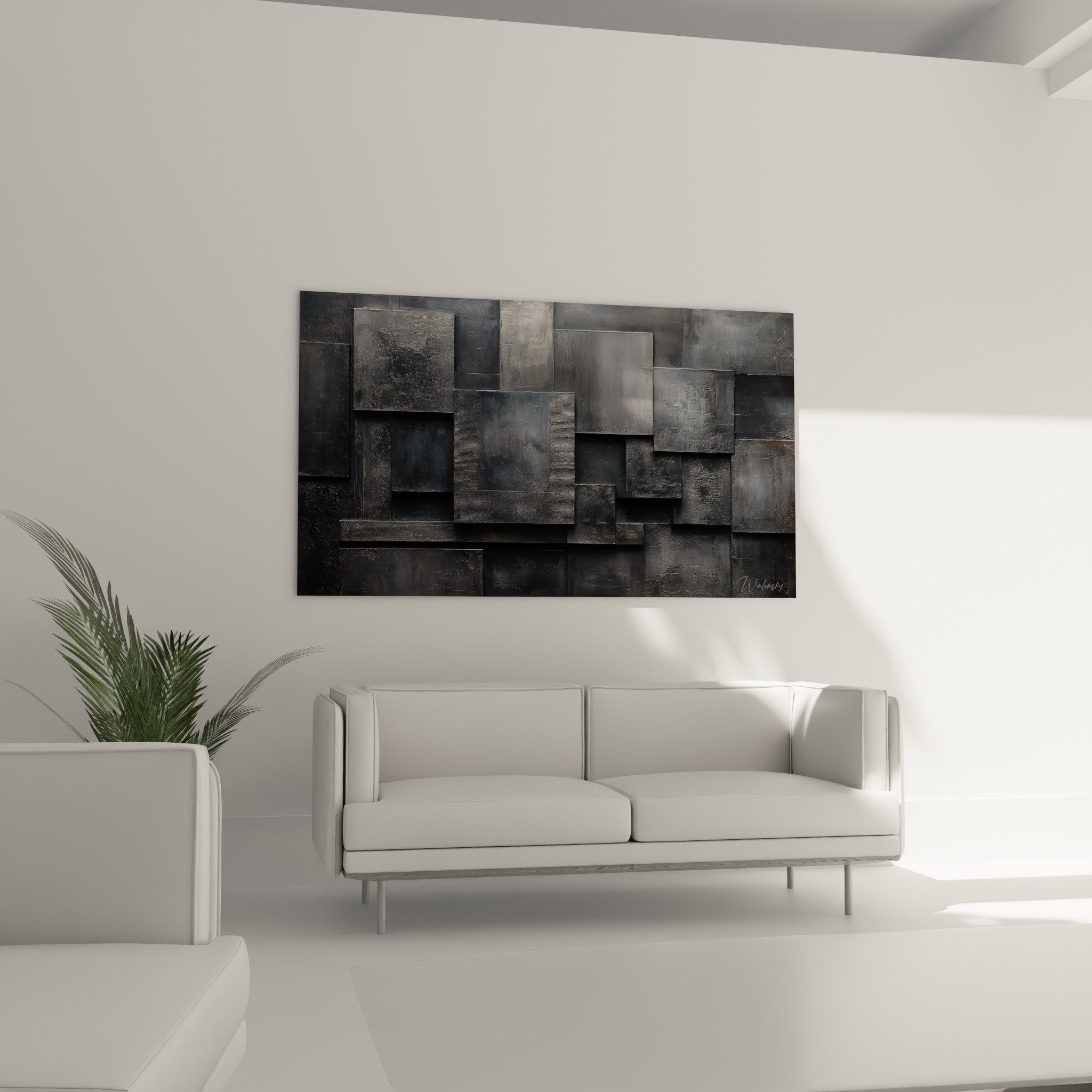 Detail texture tableau abstrait gris anthracite relief sculptural geometrique feng shui nord ouest metal