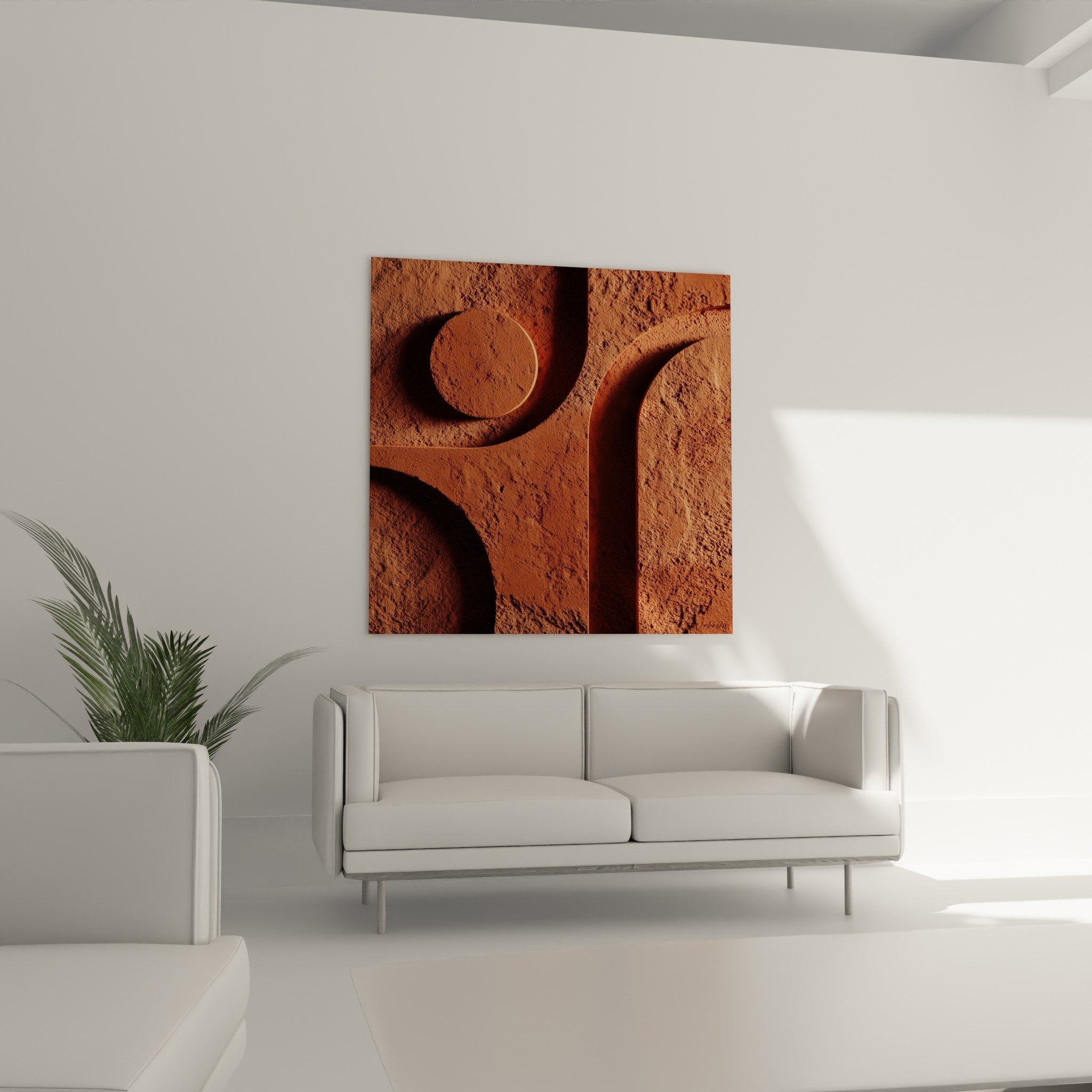 Detail texture rugueuse relief terre cuite ocre rouge avec ombres et formes circulaires sculptees