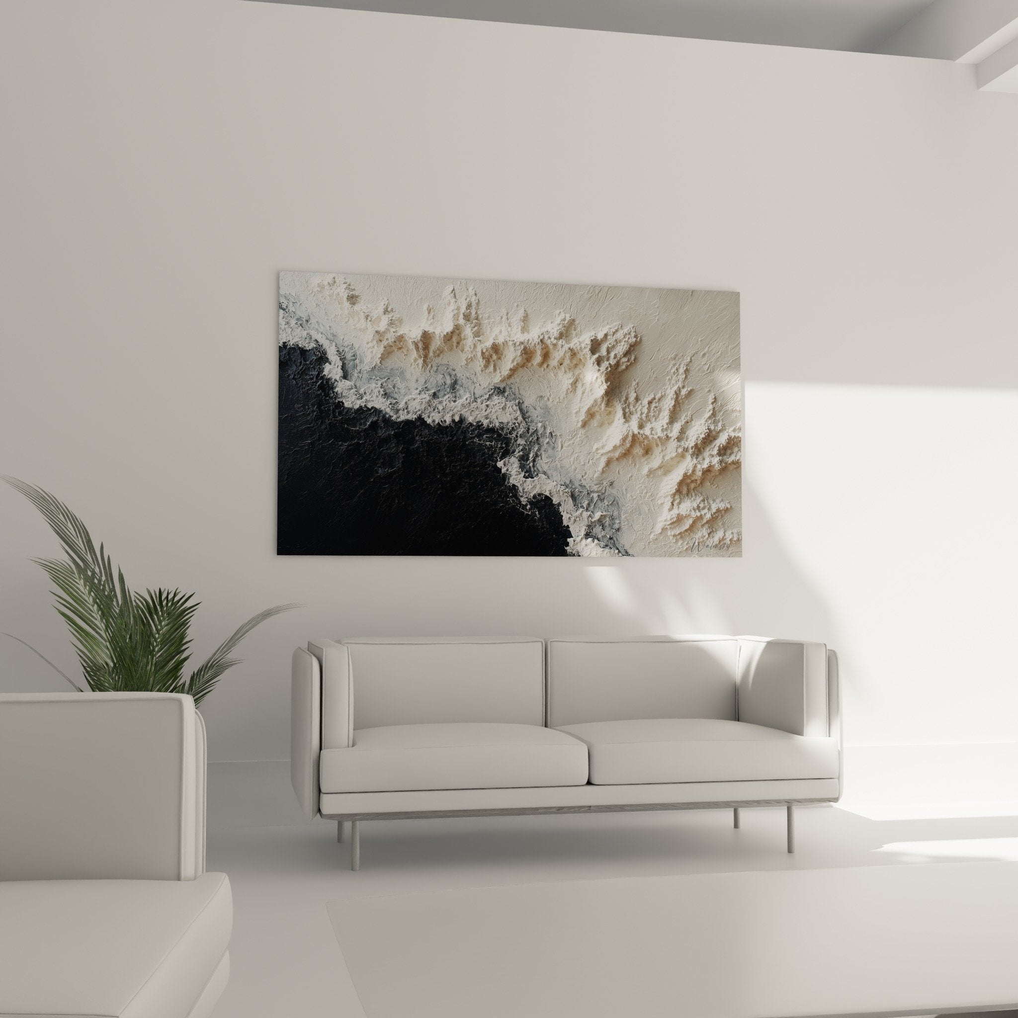 Detail texture relief vagues oceanique peinture noir blanc beige matiere sculpturale feng shui nord ouest