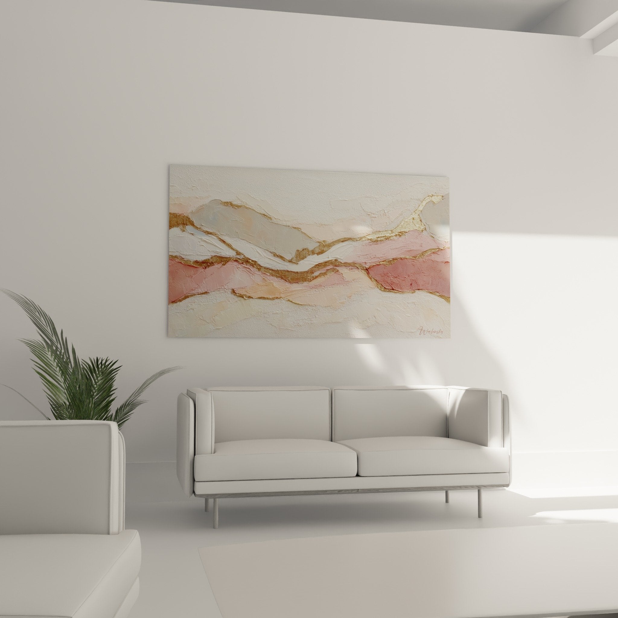 Detail of textured relief and golden metallic veins on abstract pink feng shui earth center painting
