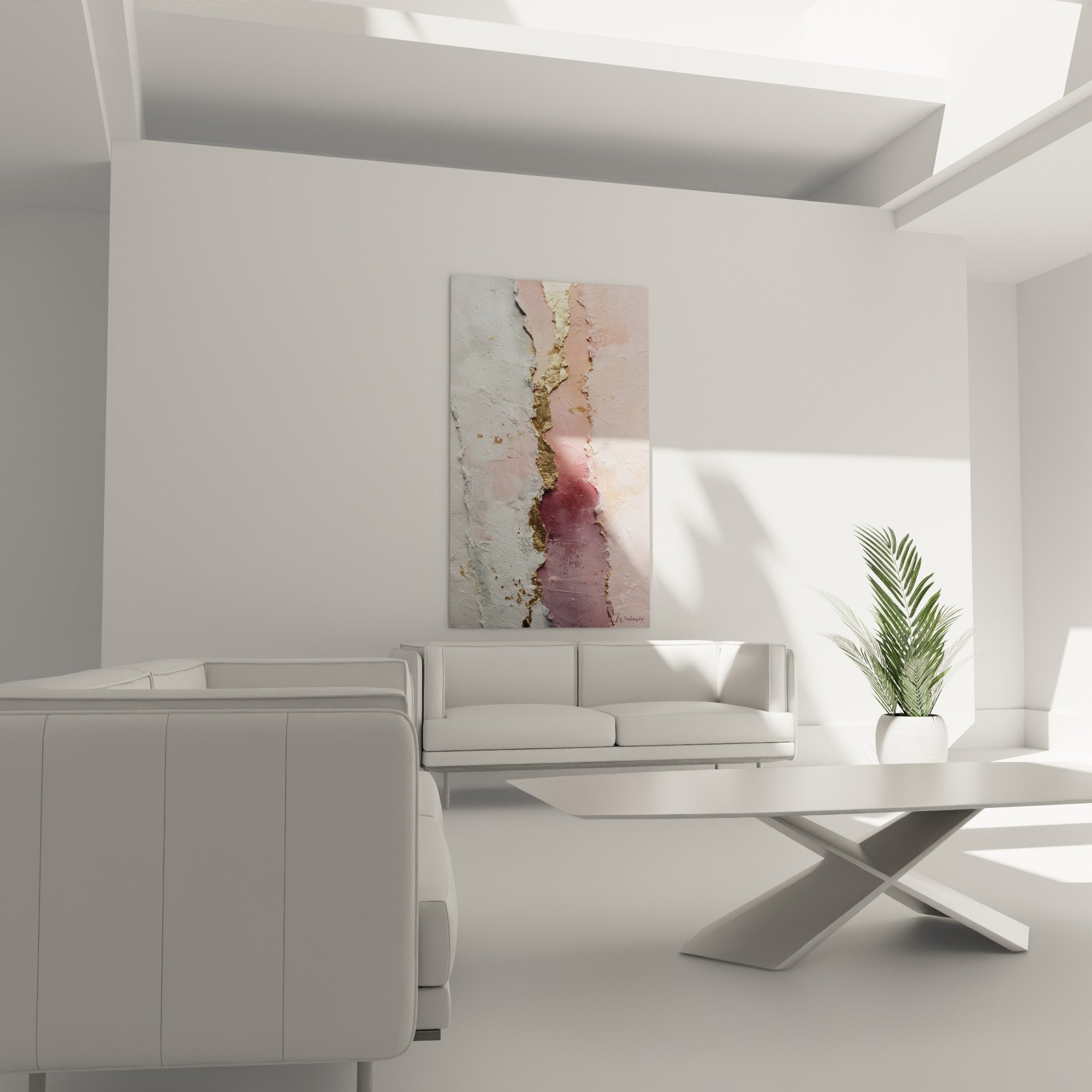 Detail texture craquelée rose blanc dorures inclusions metalliques tableau abstrait feng shui