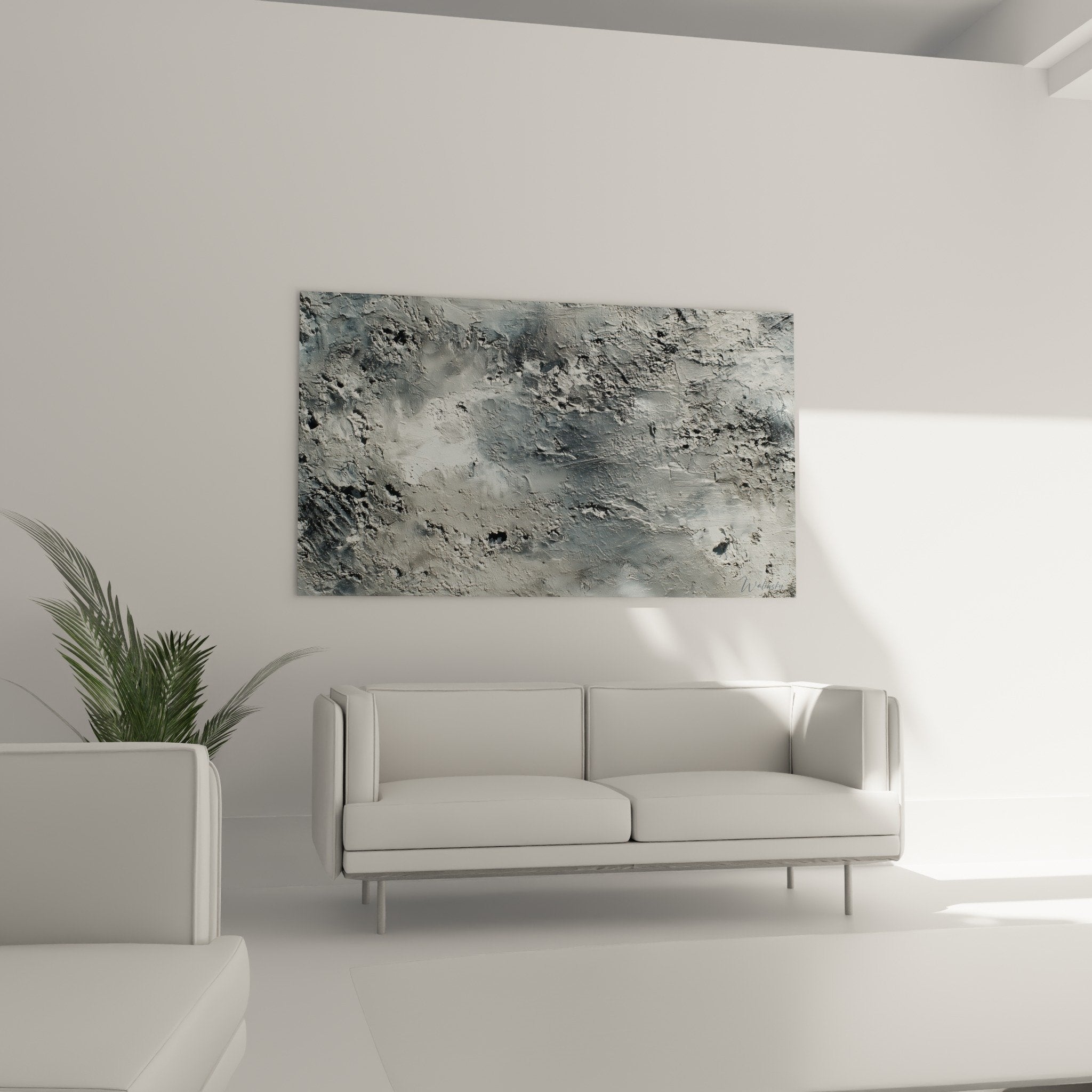 Detail texture rugueuse tableau abstrait gris relief matiere epaisse sculpture murale