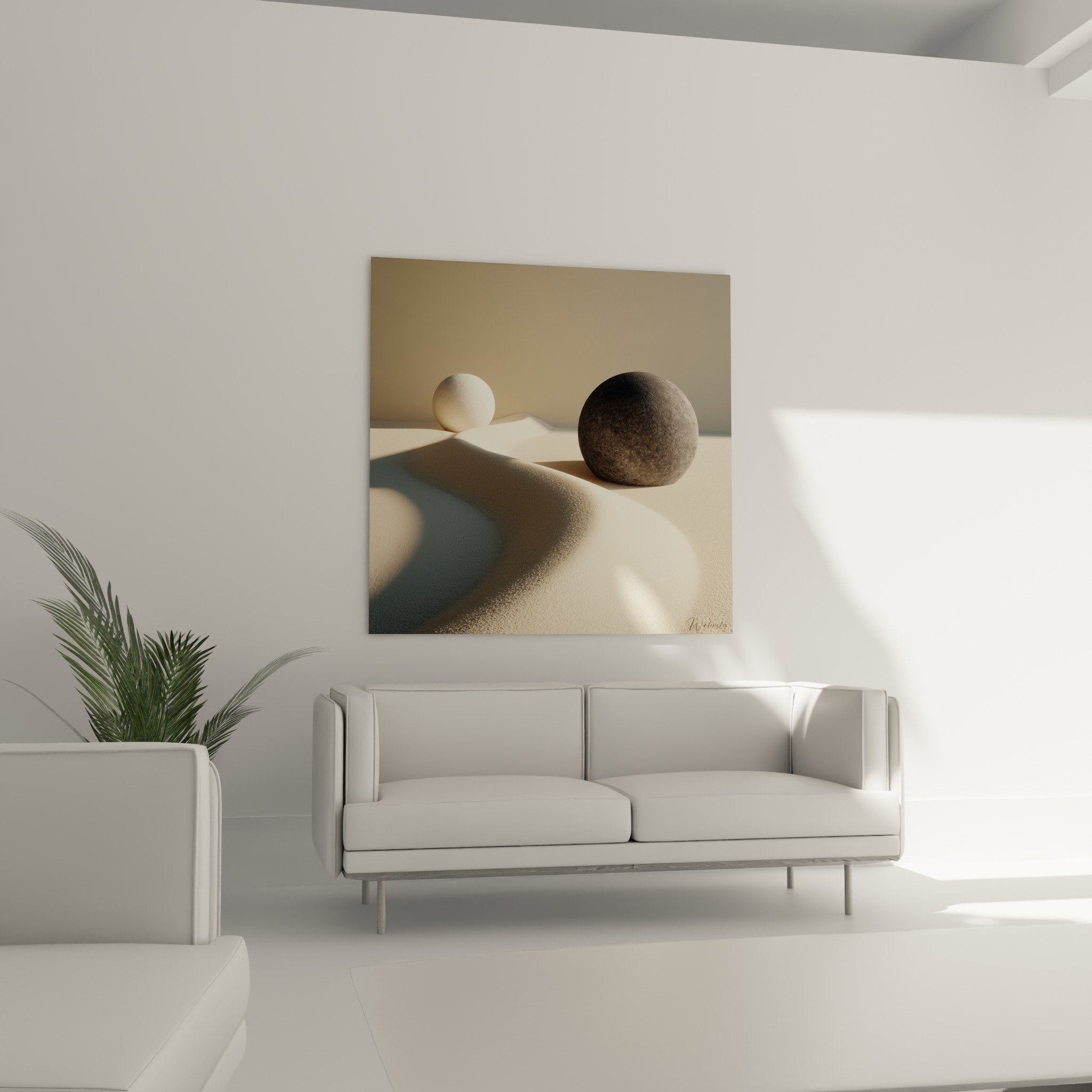 Détail texture granuleuse tableau sable avec sphères contrastées blanc nacré et gris anthracite