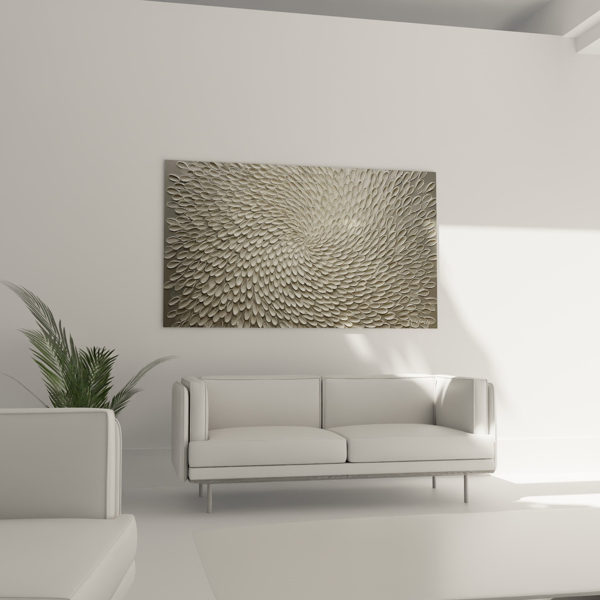 Golden spiral relief texture detail with oval elements wall sculpture