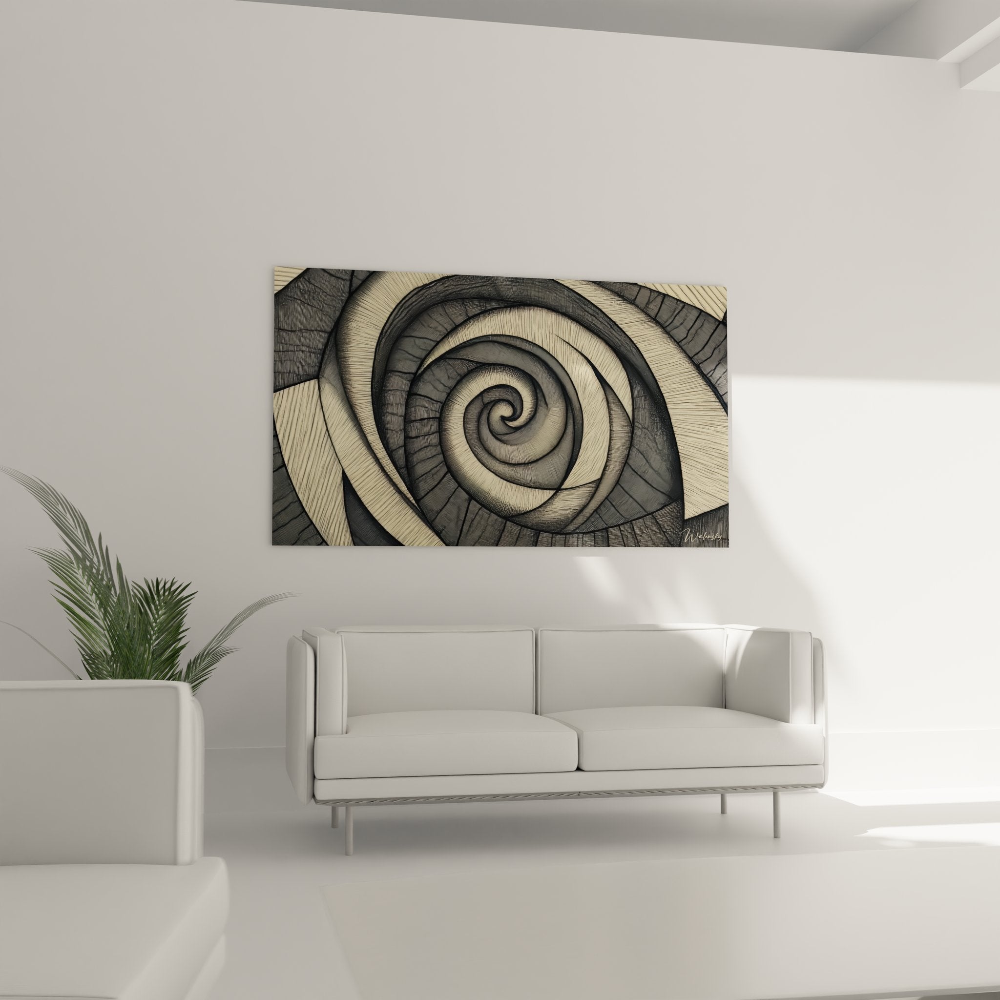 Détail texture spirale géométrique, motifs hachurés et lignes parallèles sur tableau abstrait moderne