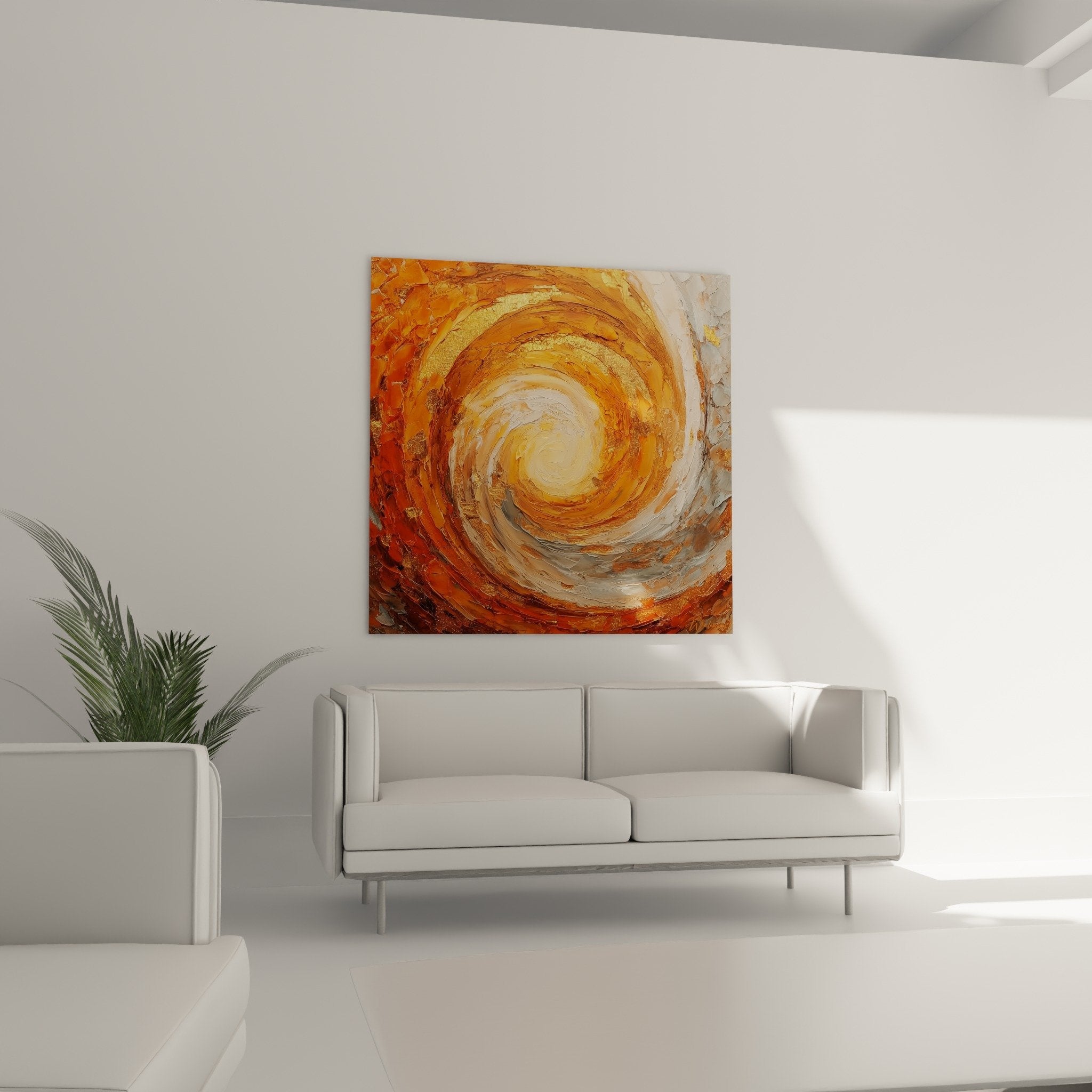 Détail texture épaisse spirale orangé doré reliefs matière peinture empâtement feng shui