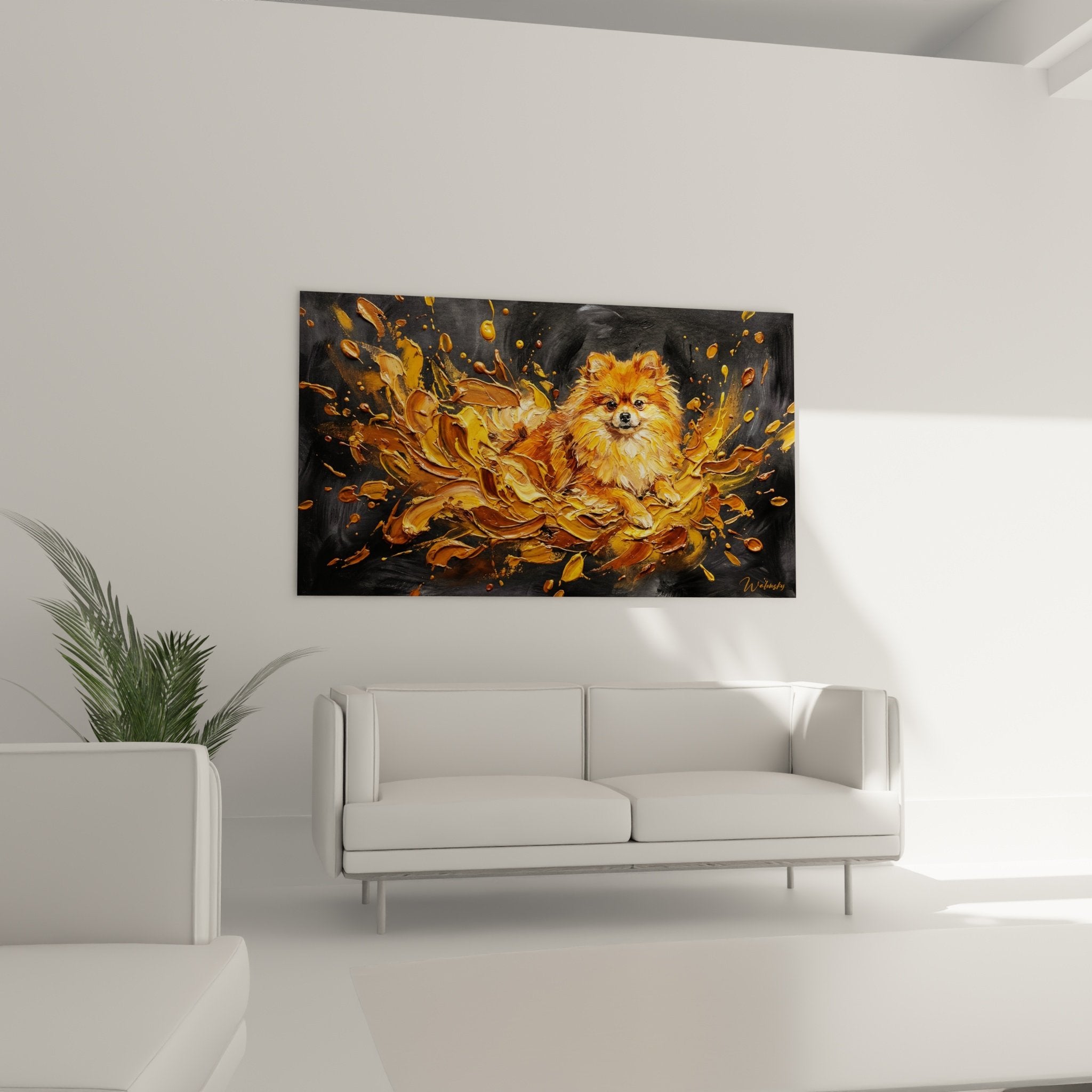 Détail rapproché tableau Spitz Poméranien montrant texture pelage orange et éclaboussures dorées