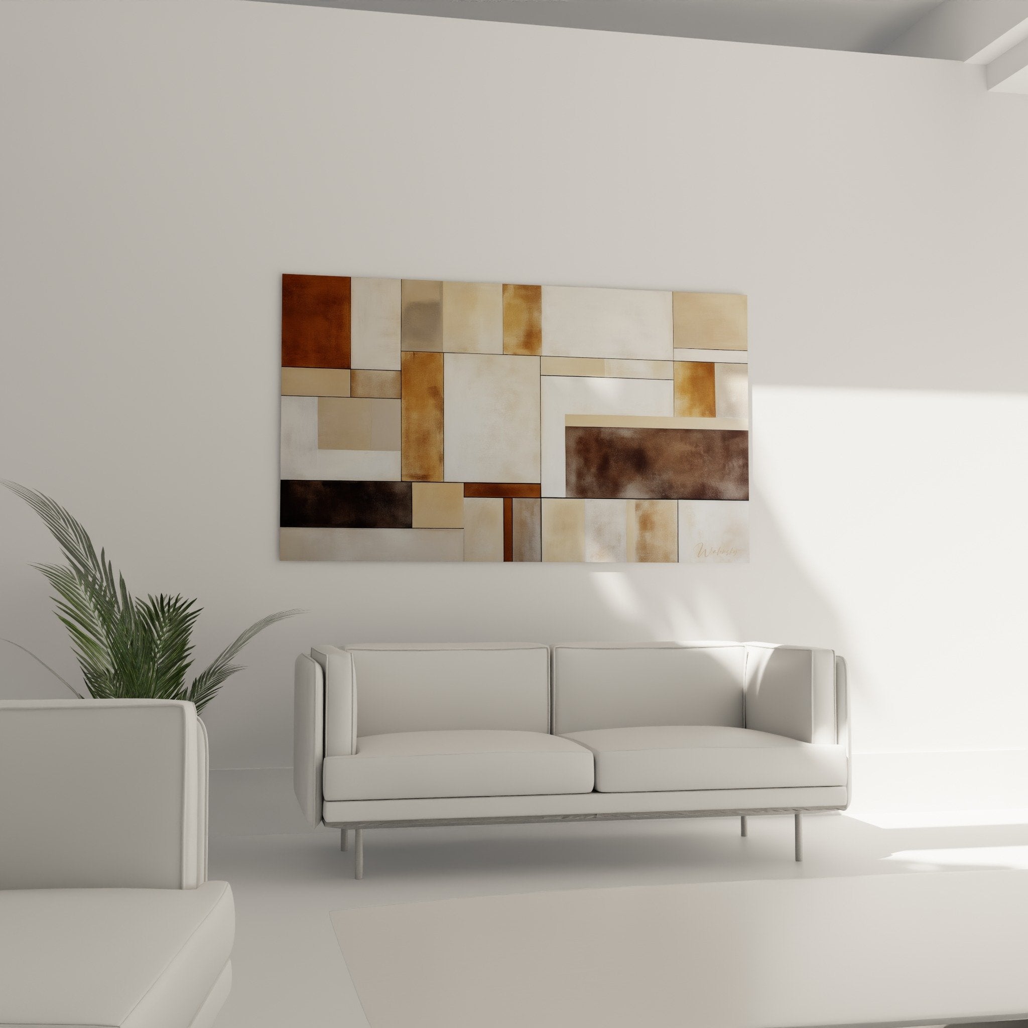 Détail texture tableau abstrait nuances beige brun effet matière composition géométrique
