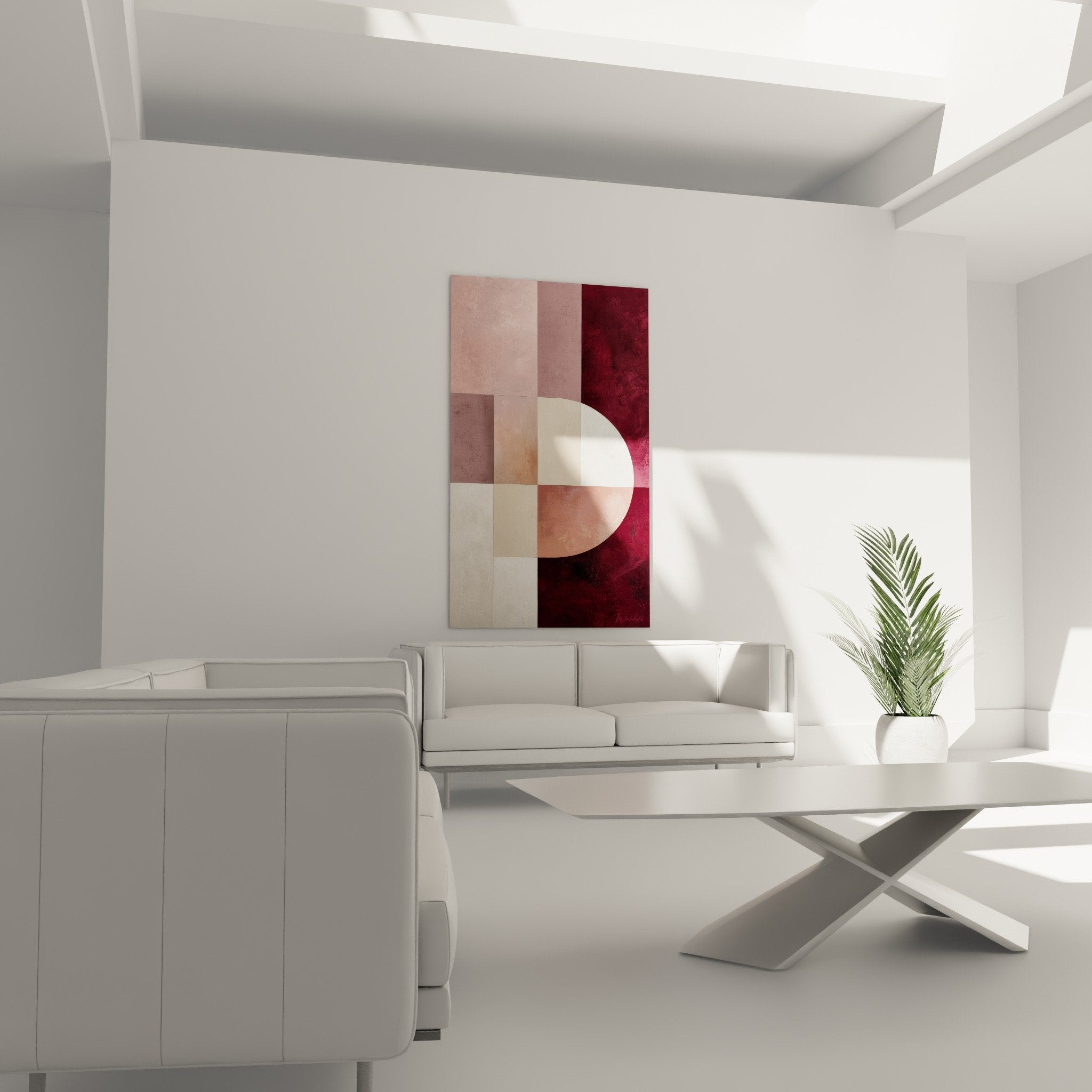 detail texture tableau abstrait carres colores demi-cercle bordeaux beige feng shui sud-ouest terre