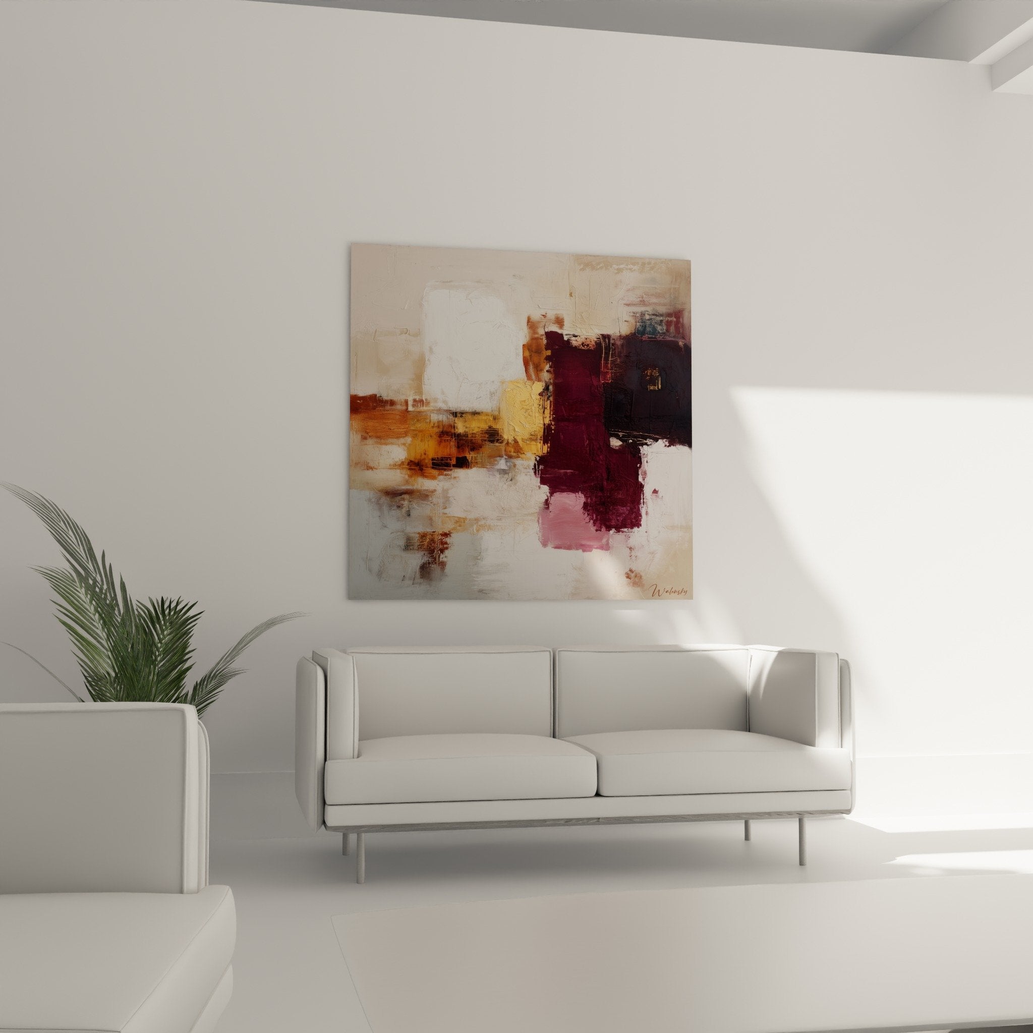 Detail of textures and impasto in the abstract burgundy ochre terracotta painting