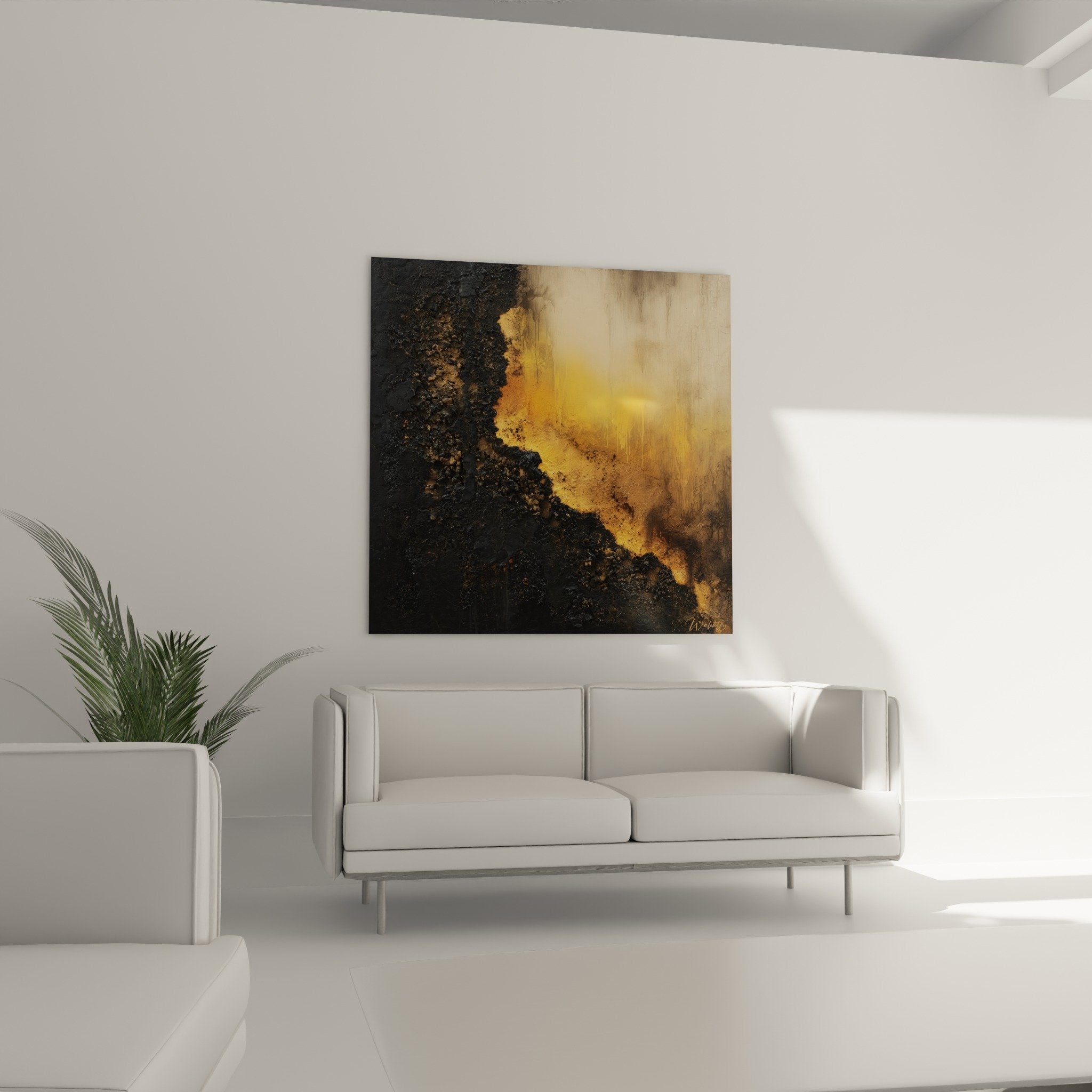 Detailed grainy texture of abstract painting with gold drips on dark anthracite background