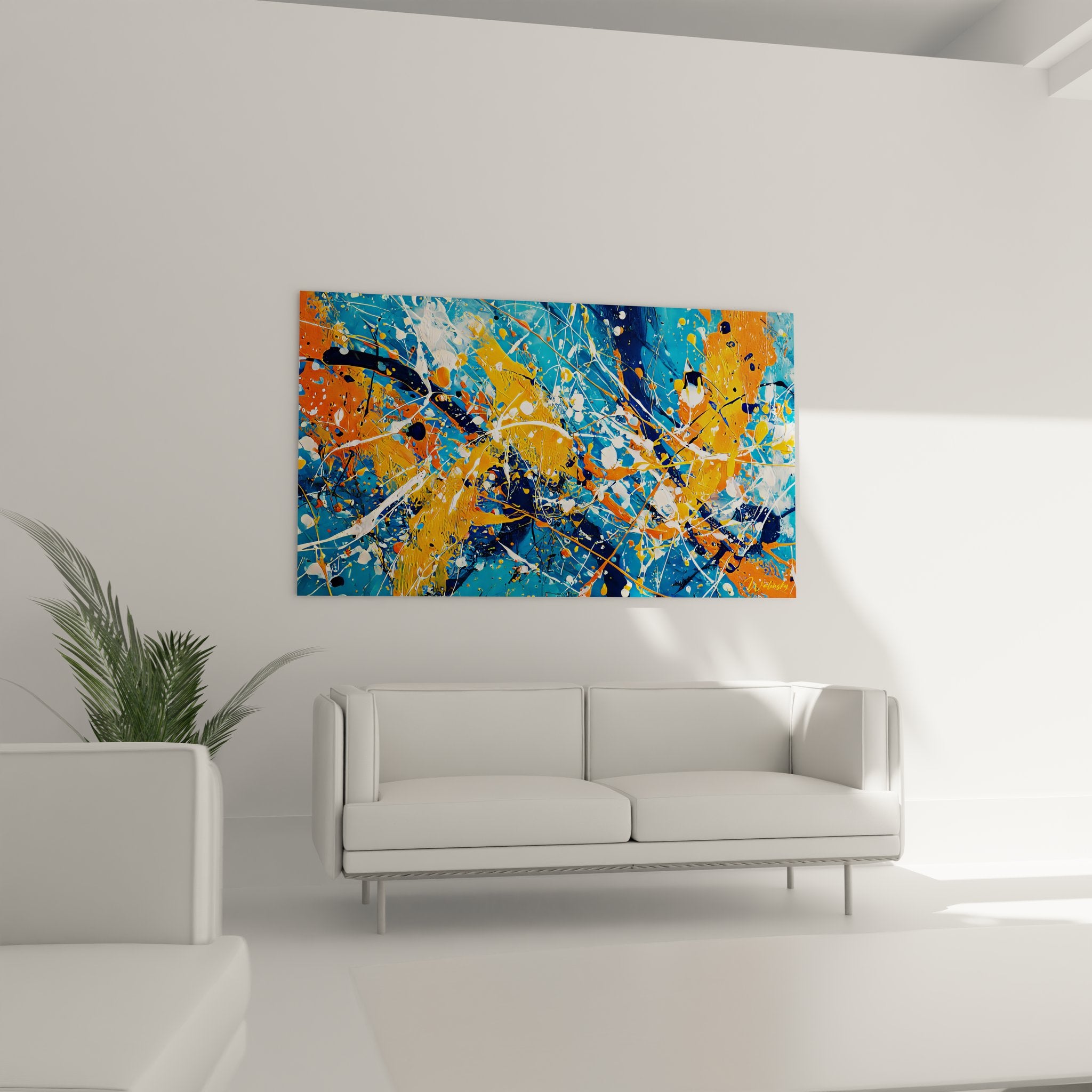 Gros plan détails texture tableau abstrait éclaboussures peinture orange bleu art moderne