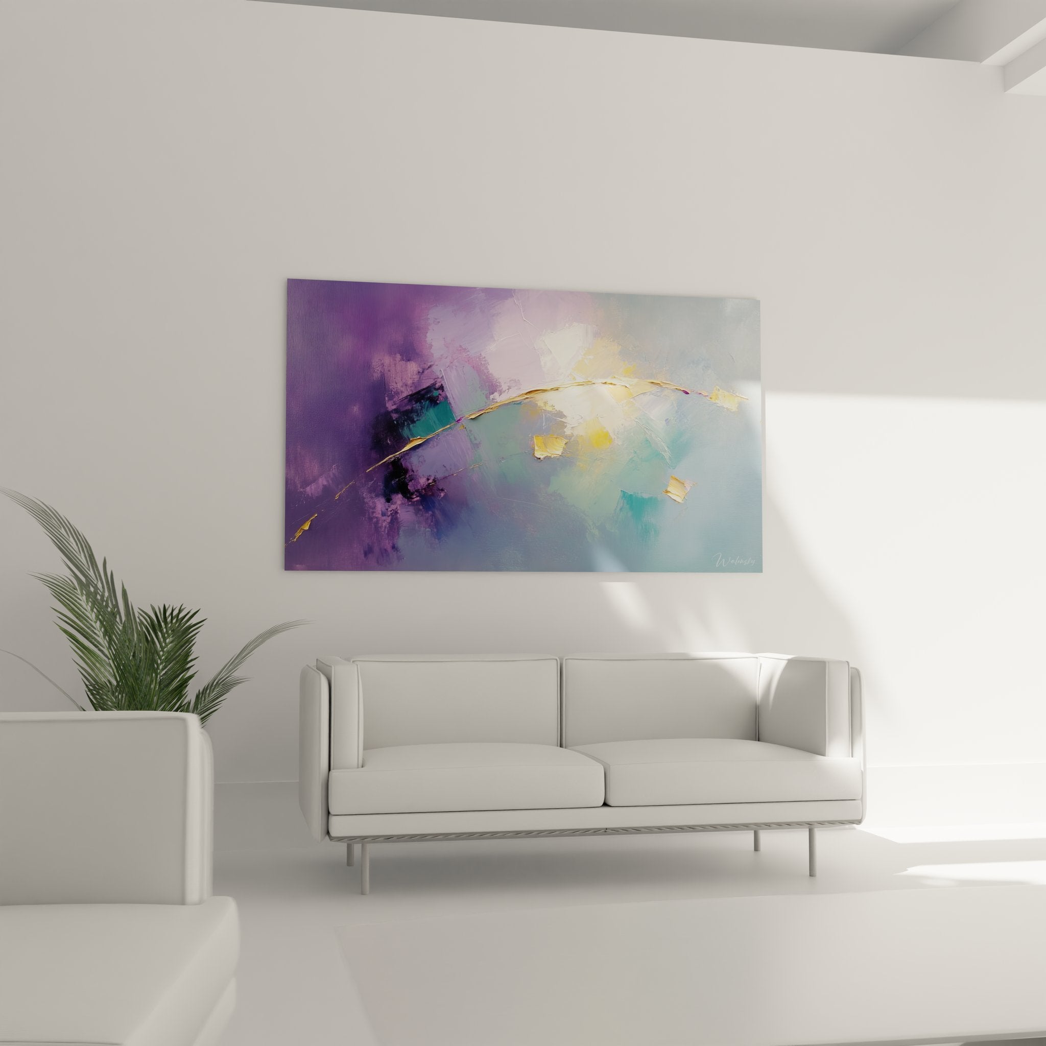 Détail gros plan des textures et empâtements dorés du tableau abstrait moderne