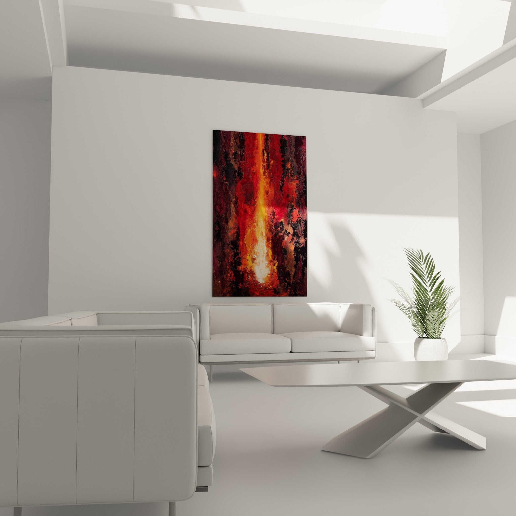 Detail texture empâtements tableau abstrait rouge orange flammes matiere picturale epaisse