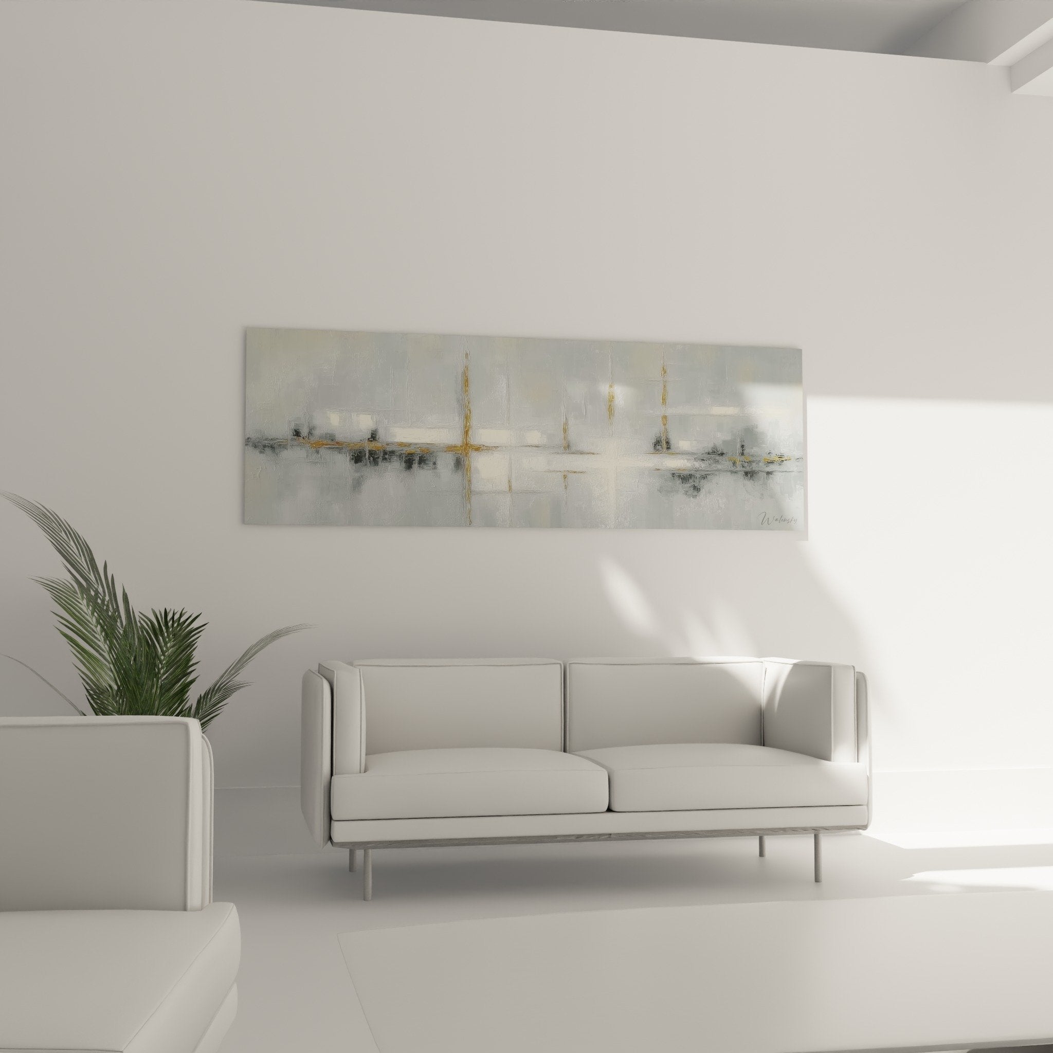 Detail texture tableau abstrait gris blanc touches dorees matiere empates feng shui nord ouest