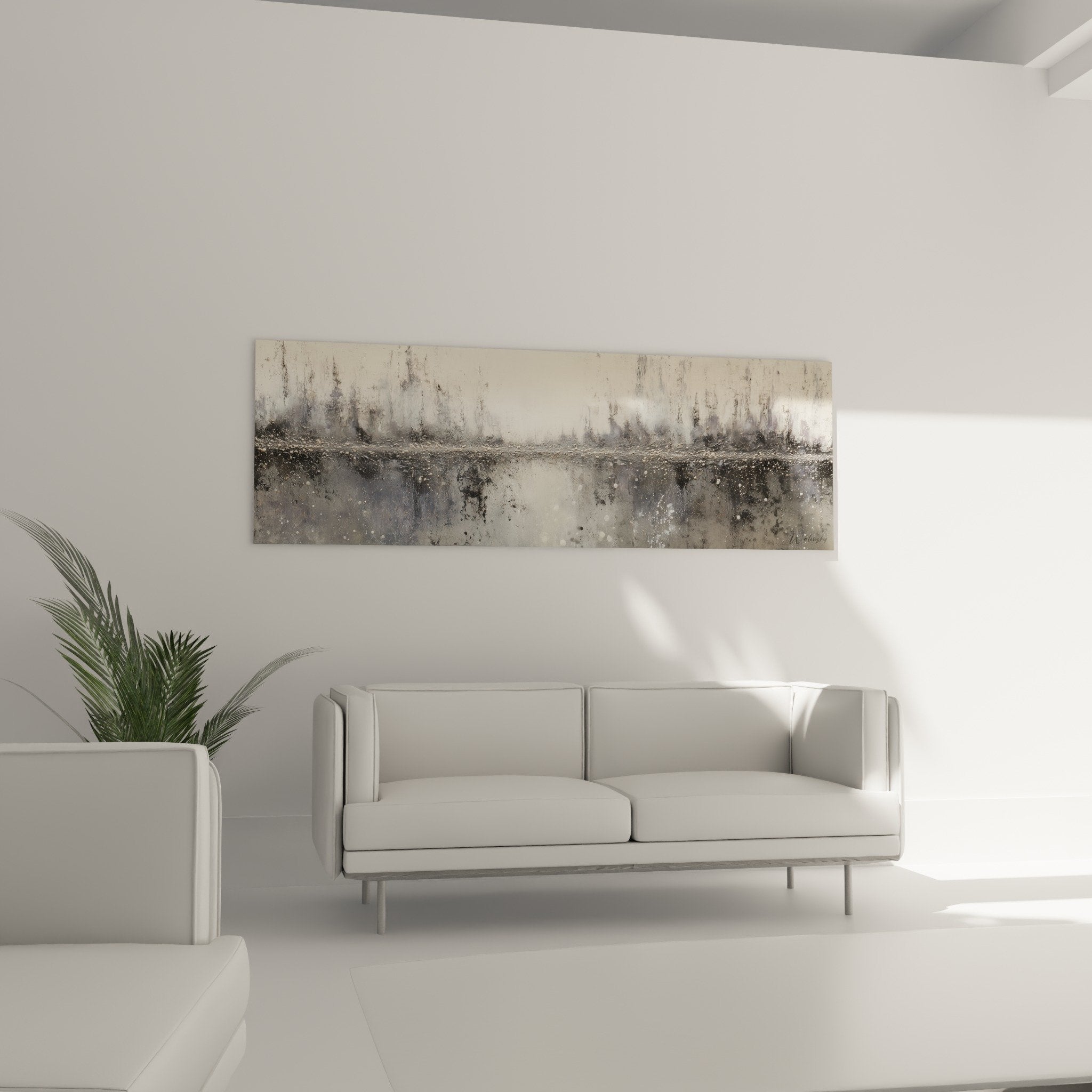 Détail textures vaporeuzes tableau abstrait, effets matière gris nacré, dégradés subtils style oriental