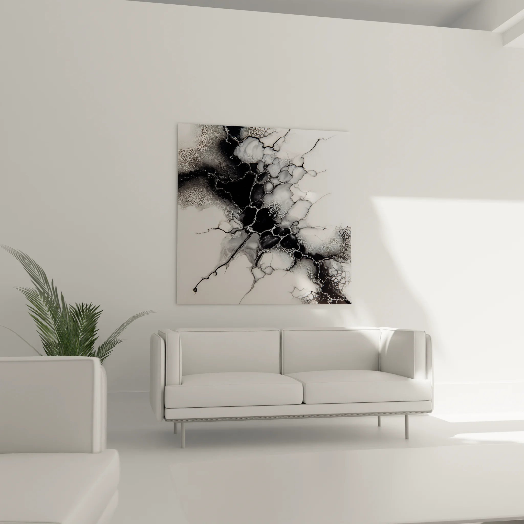 Détail rapproché du tableau abstrait montrant les textures pointillées et contrastes noir et blanc