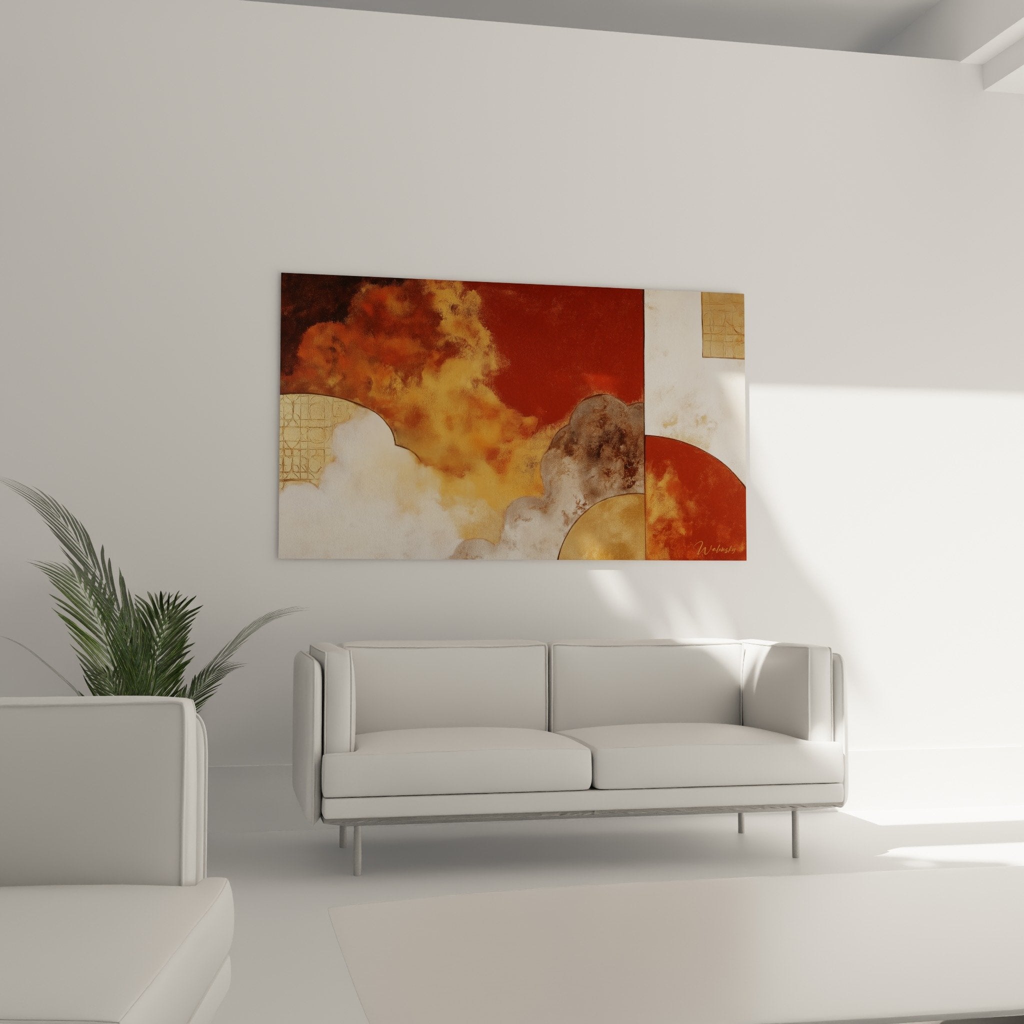 detail composition abstraite textures craquelees tons terre cuite ocre motifs geometriques