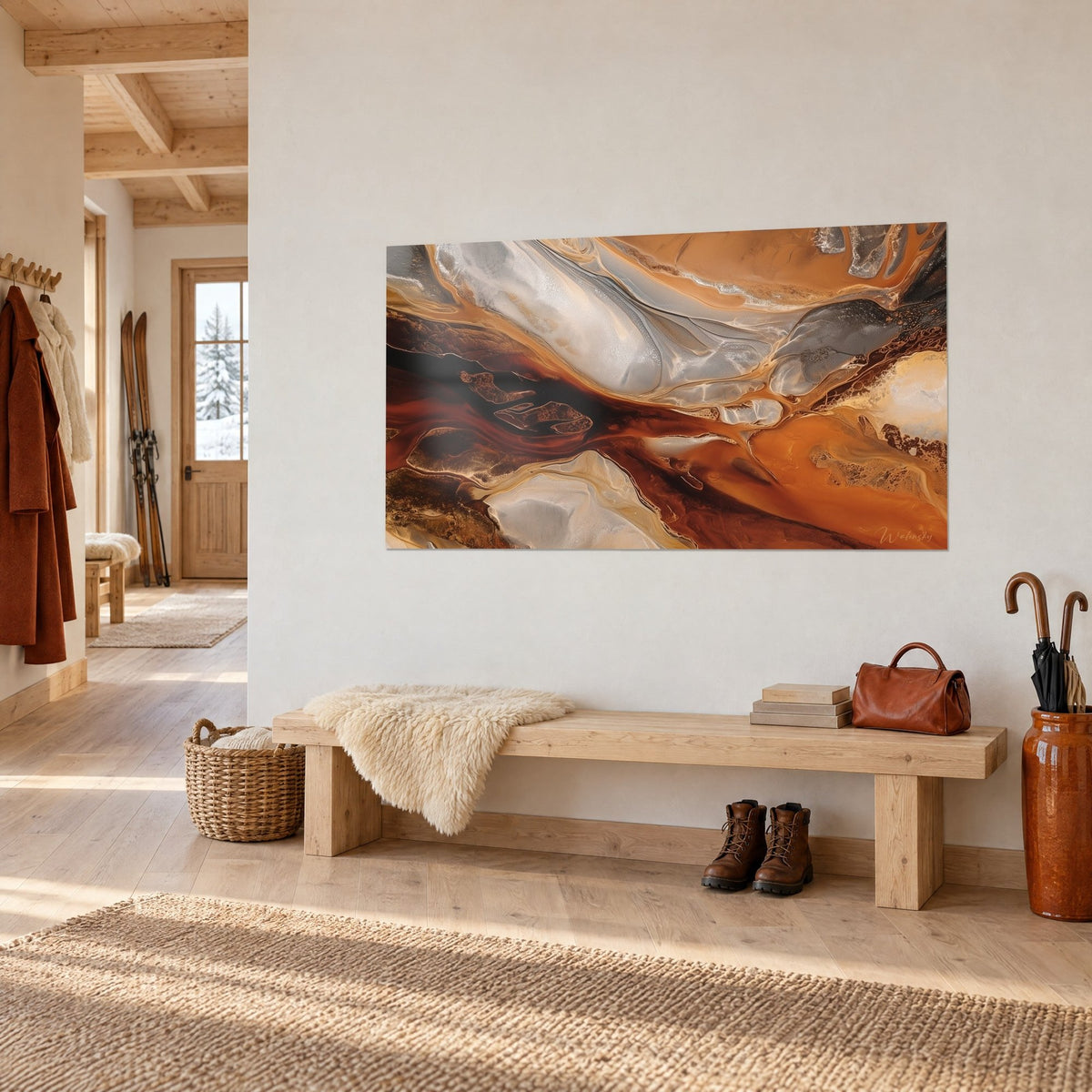 Gemälde einer mineralischen Landschaft aus der Vogelperspektive, gebranntes Orange und perlmuttfarbener Sand, über einer Holzbank im Eingangsbereich des Chalets