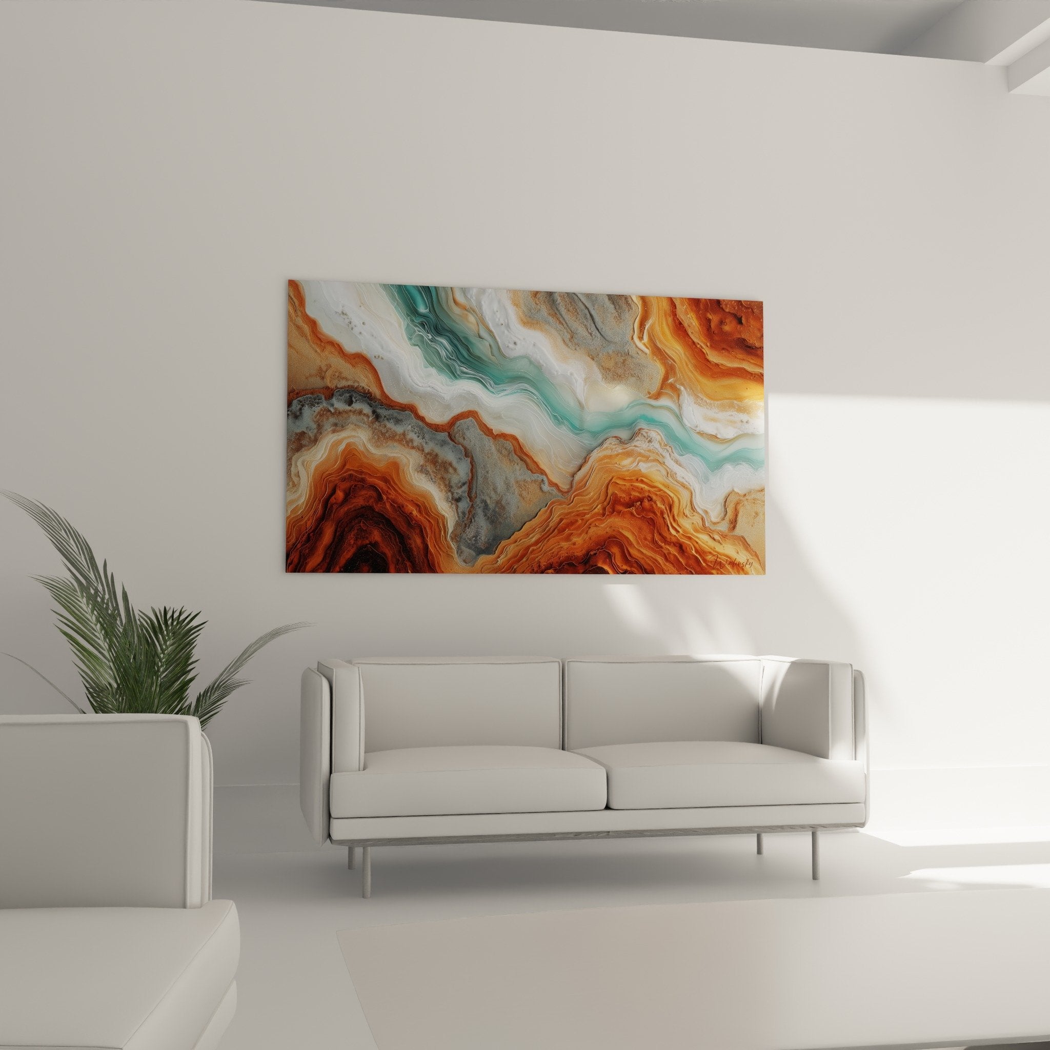 Detail texture stratifiee tableau abstrait couleurs terre turquoise veines organiques feng shui nord-est