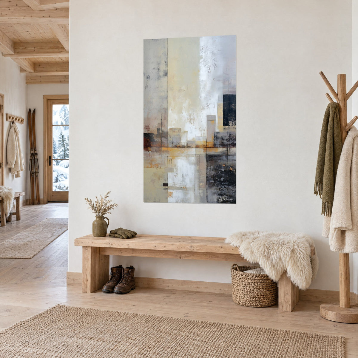 Πίνακας αφηρημένο αστικό τοπίο σε μαργαριταρένιο λευκό και γκρι μαργαριτάρι, μαύρο μπλοκ δεξιά, σε τοίχο chalet σε τρία τέταρτα