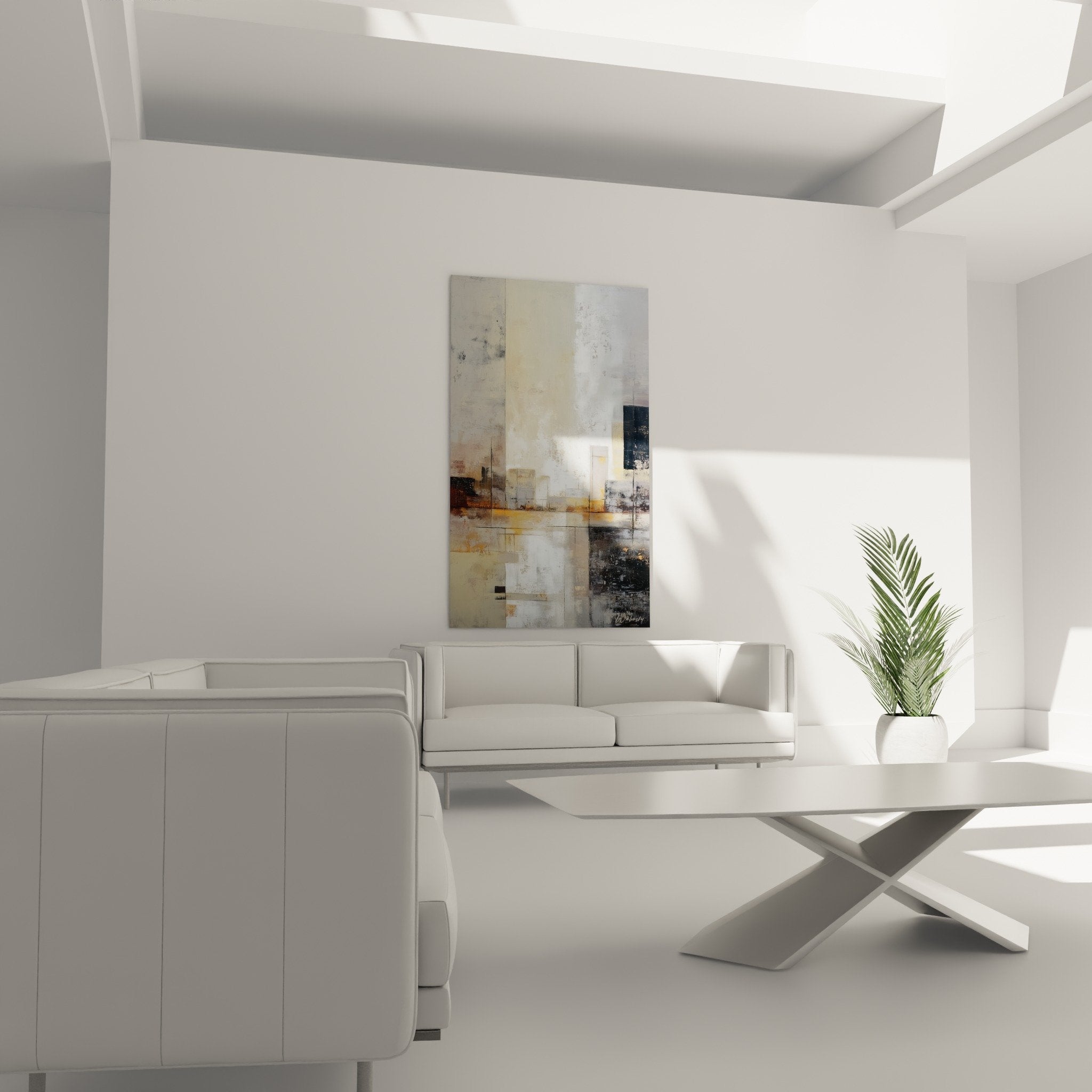 Texturdetail abstraktes Gemälde überlagertes Material neutrale Töne goldene Akzente Feng-Shui-Komposition Westen Metall