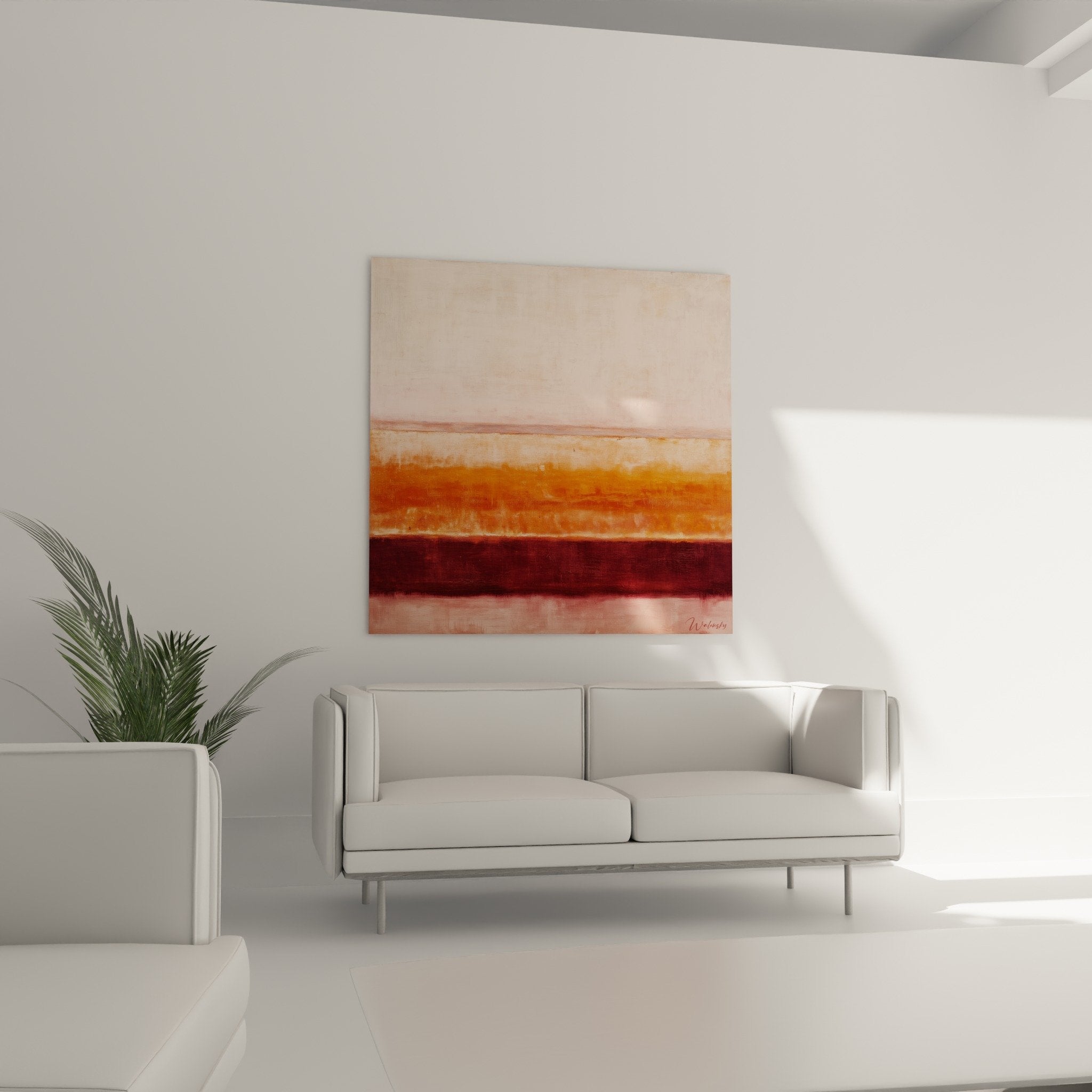 Detail texture tableau abstrait bandes orange bordeaux beige matiere picturale feng shui