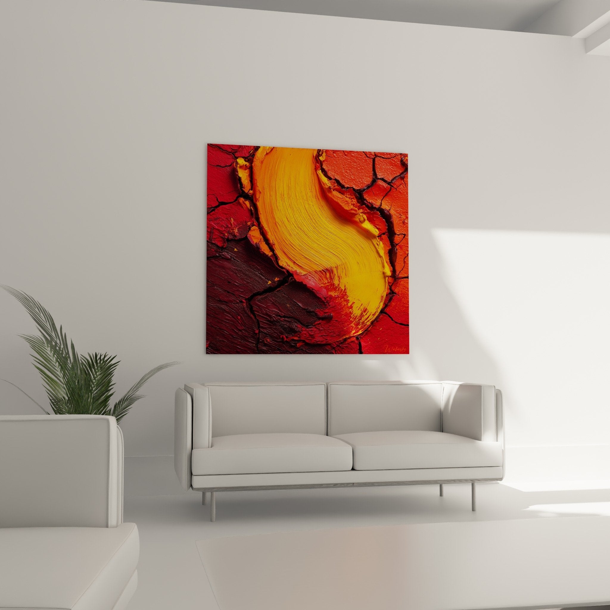 Detail texture empate tableau lave incandescente rouge vermillon orange dore craquelures noires relief