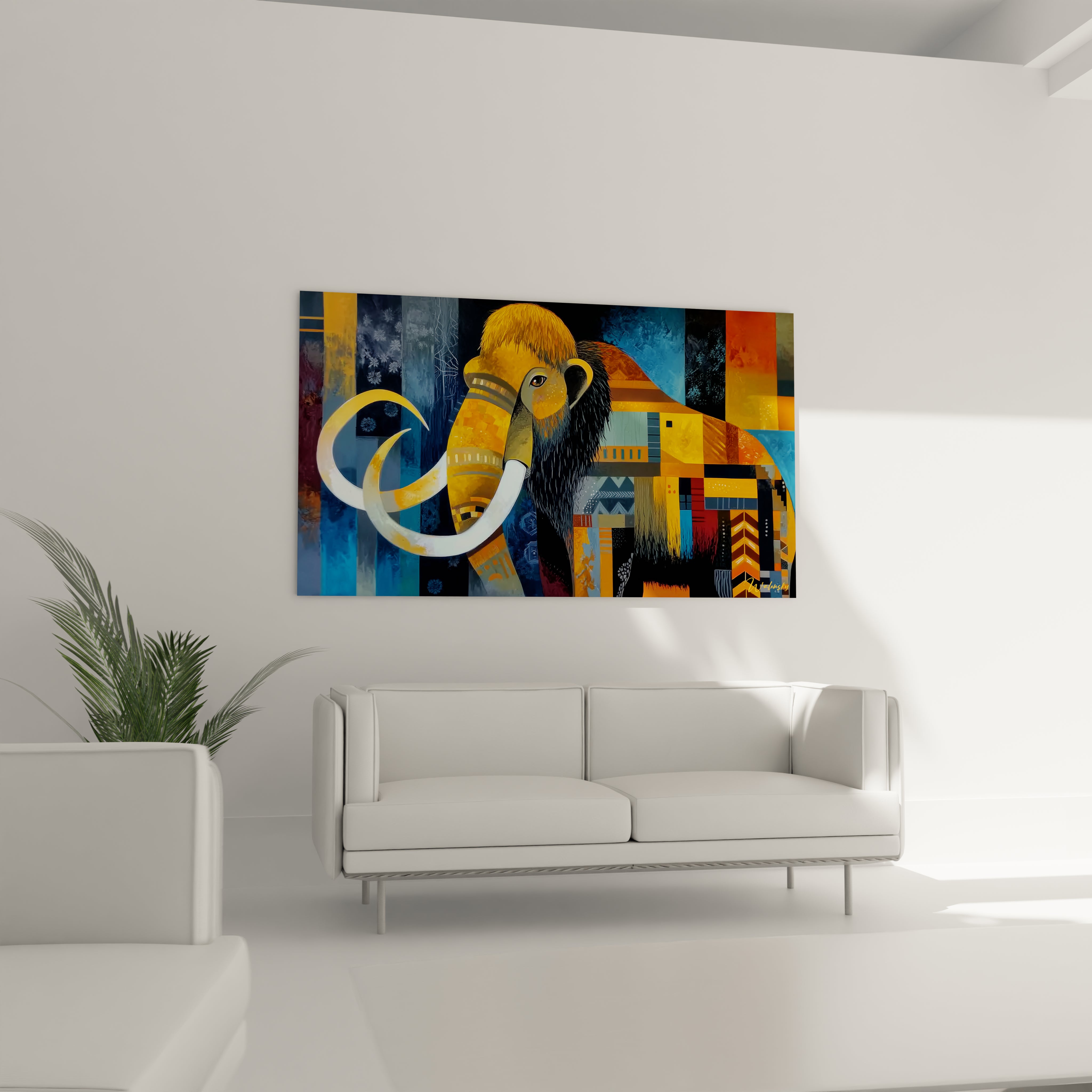 Gros plan détails texture et motifs géométriques du tableau mammouth laineux moderne