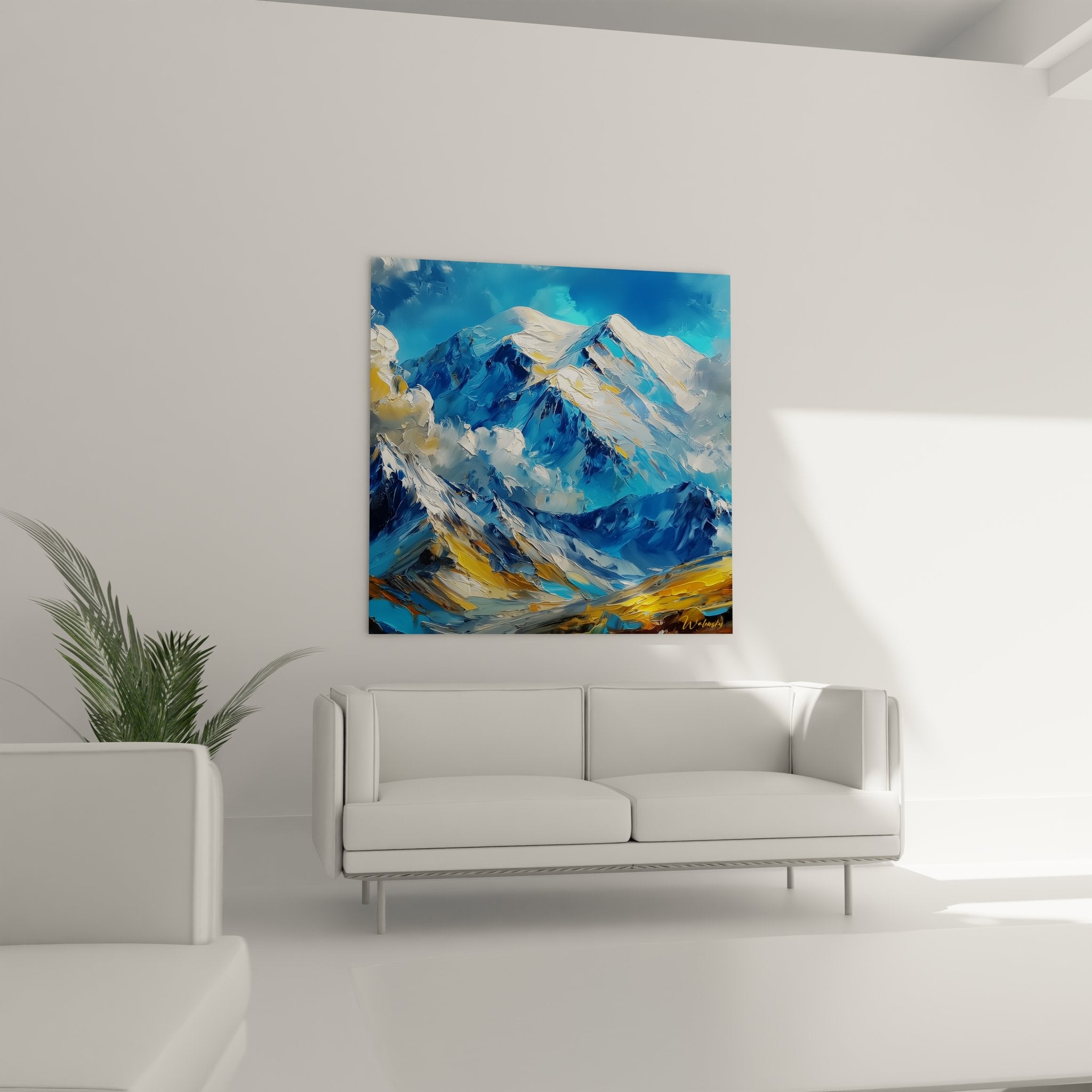 Détail texture peinture épaisse tableau montagne, technique impasto sommets enneigés