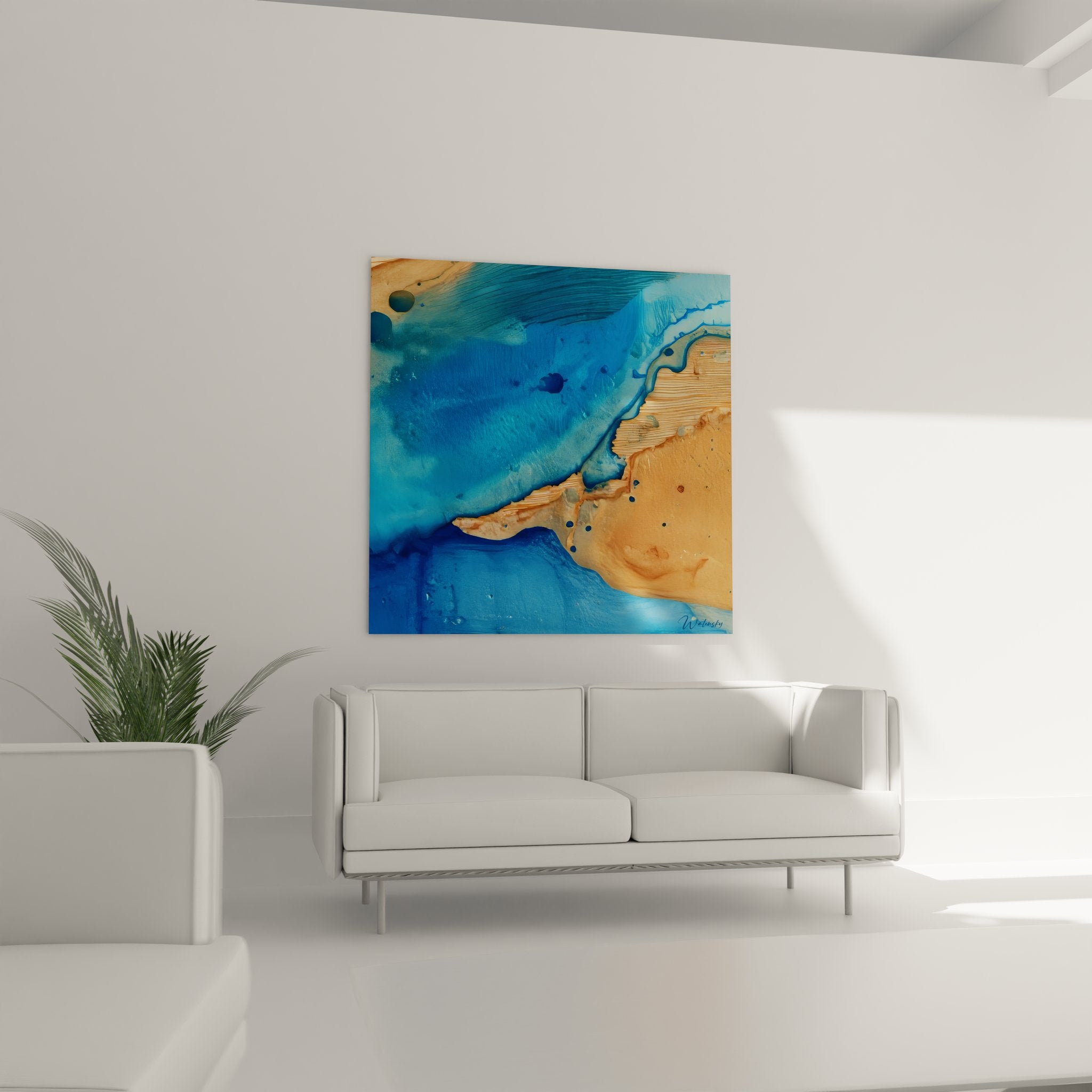 Détail texture fluide tableau océan abstrait, nuances bleues et dorées