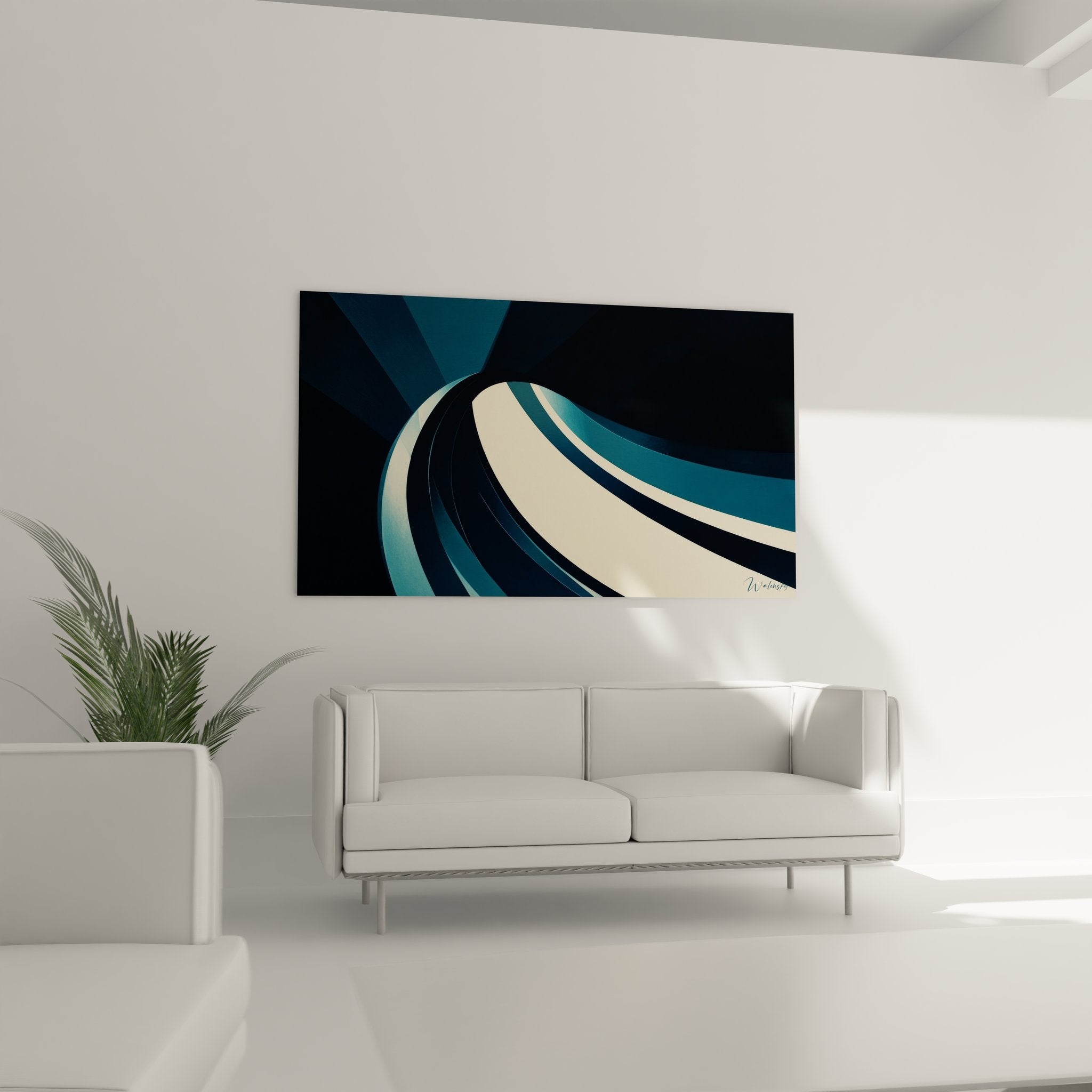 Détail tableau onde spiralée, textures et nuances bleu turquoise crème art contemporain