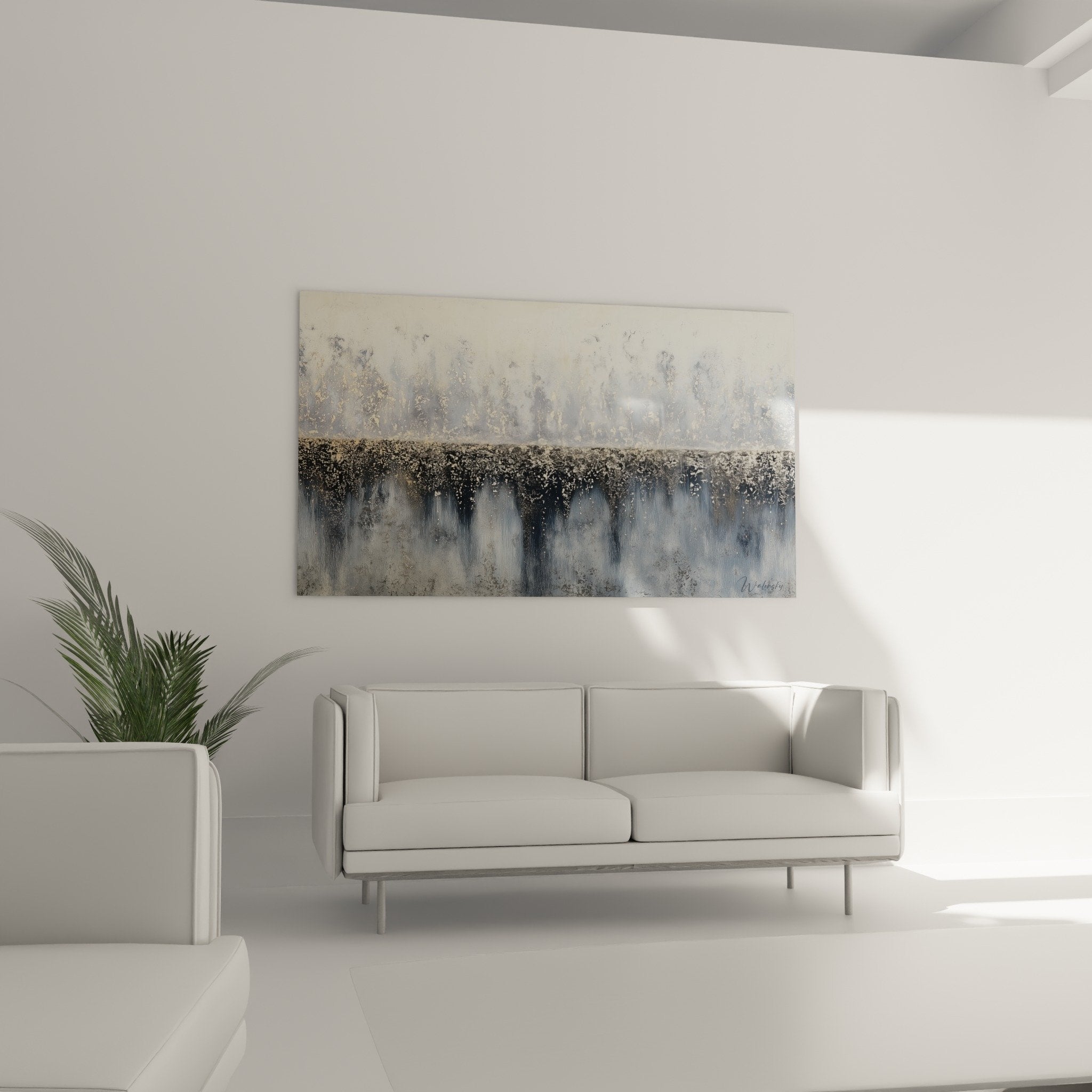 detail texture tableau abstrait particules dorees bleu blanc matiere granuleuse feng shui ouest metal