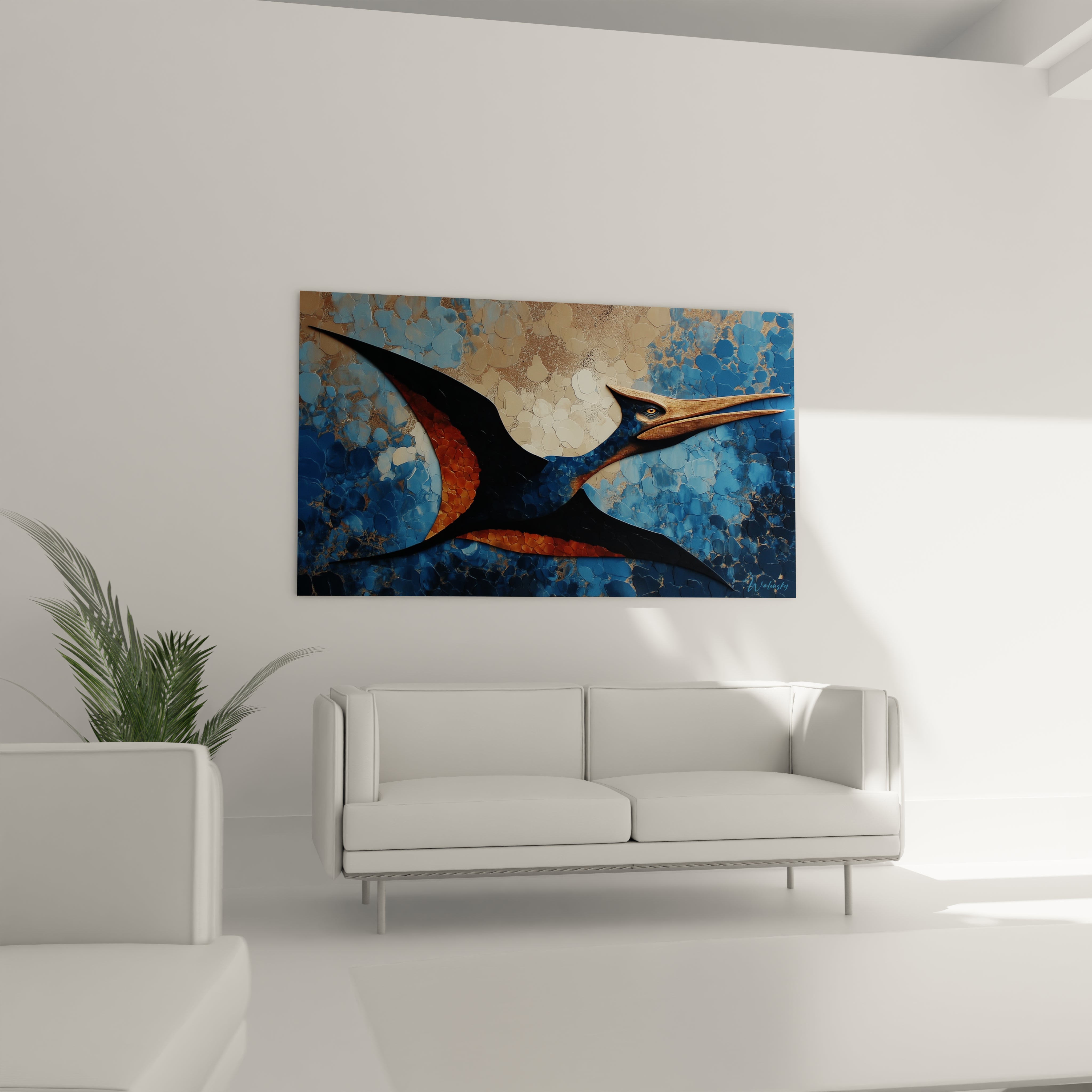 Détail texture tableau ptéranodon, peinture relief reptile volant couleurs cuivrées