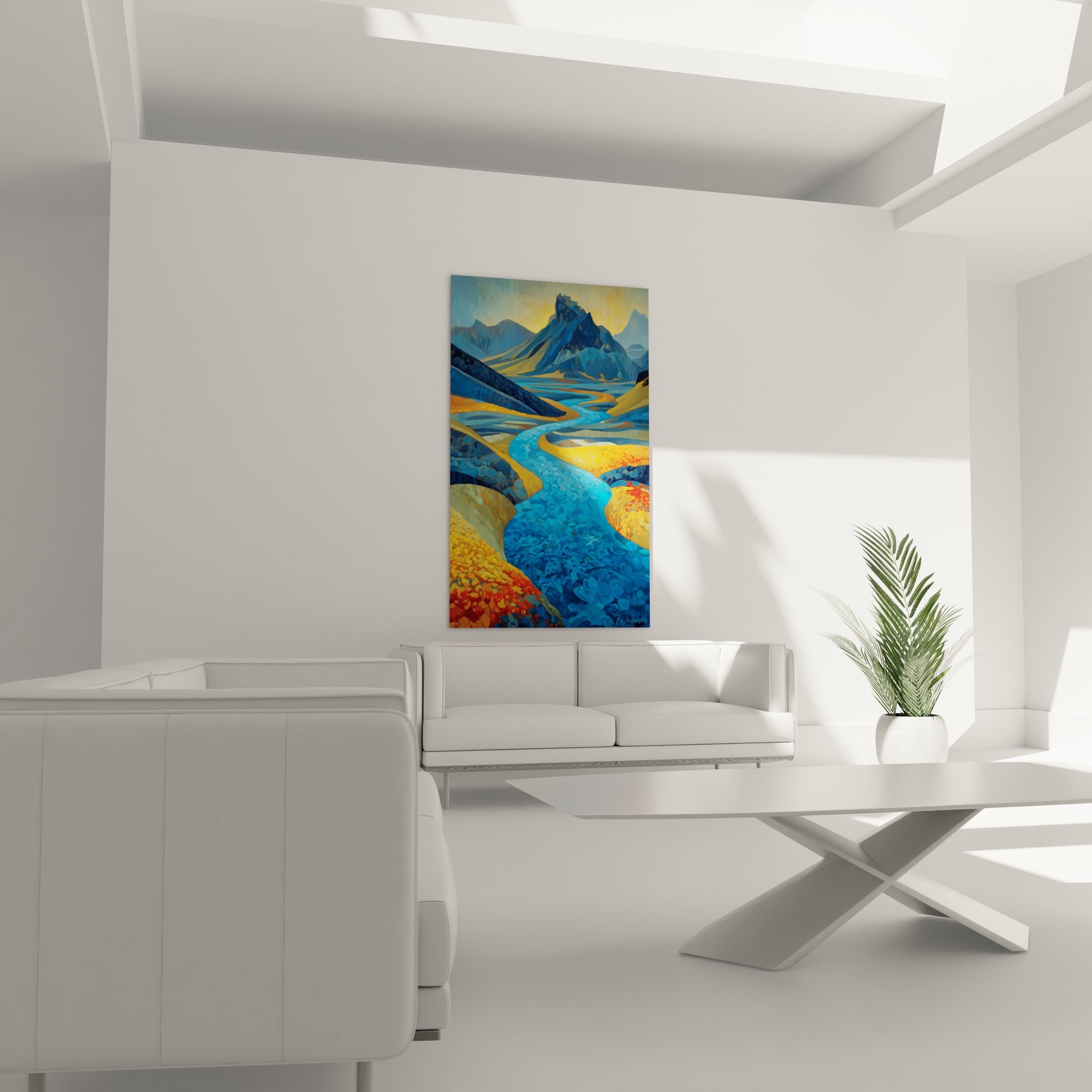 Détail texture tableau rivière dorée - peinture art mural montagne couleurs vives édition Volcan