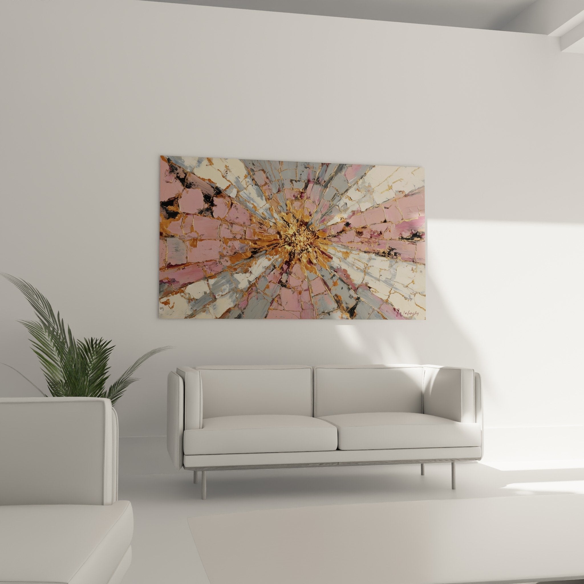 Close-up crackle texture abstract artwork pink beige gold central radiance feng shui southwest earth