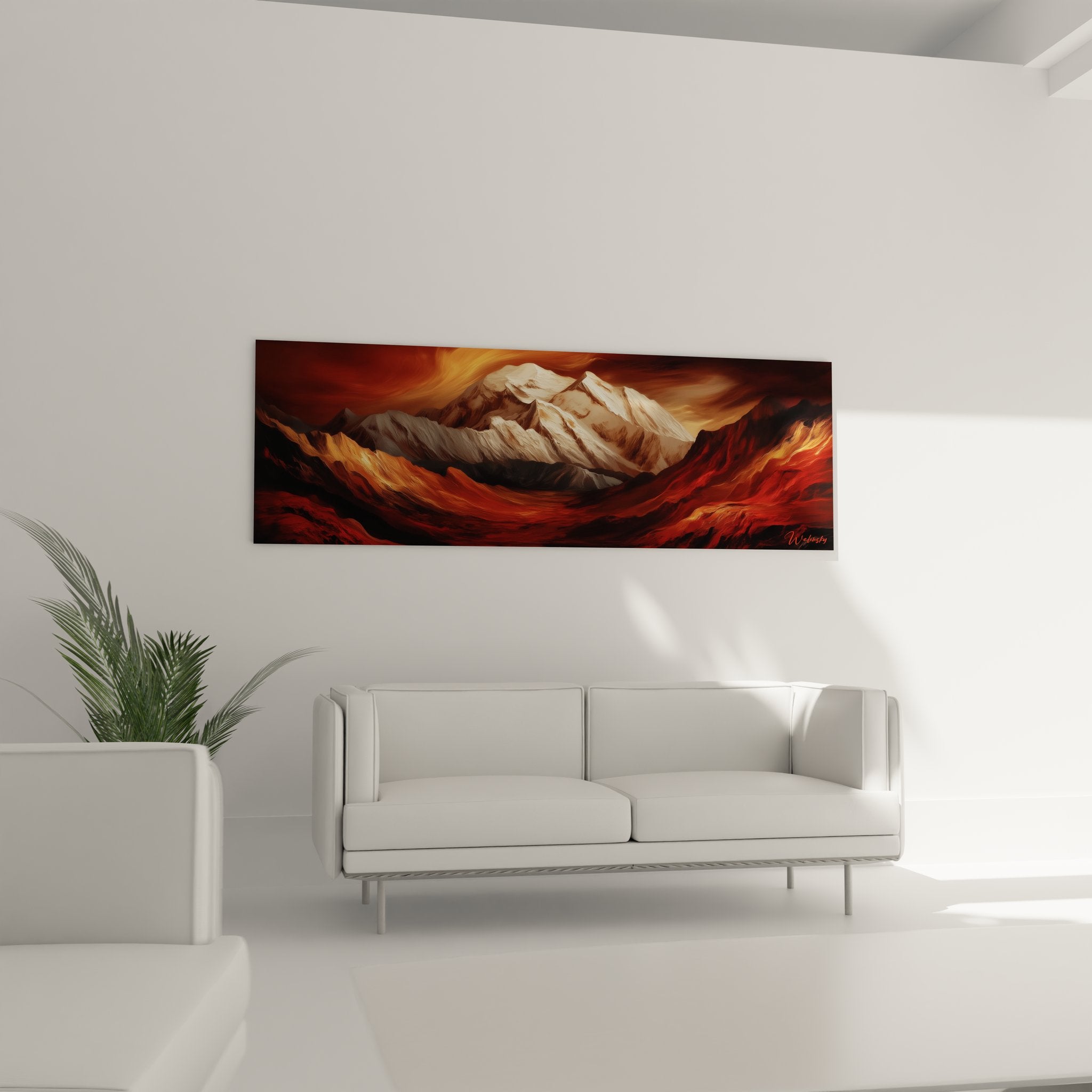 Détail texture tableau montagne, nuances dorées et blanches du sommet alpin peint