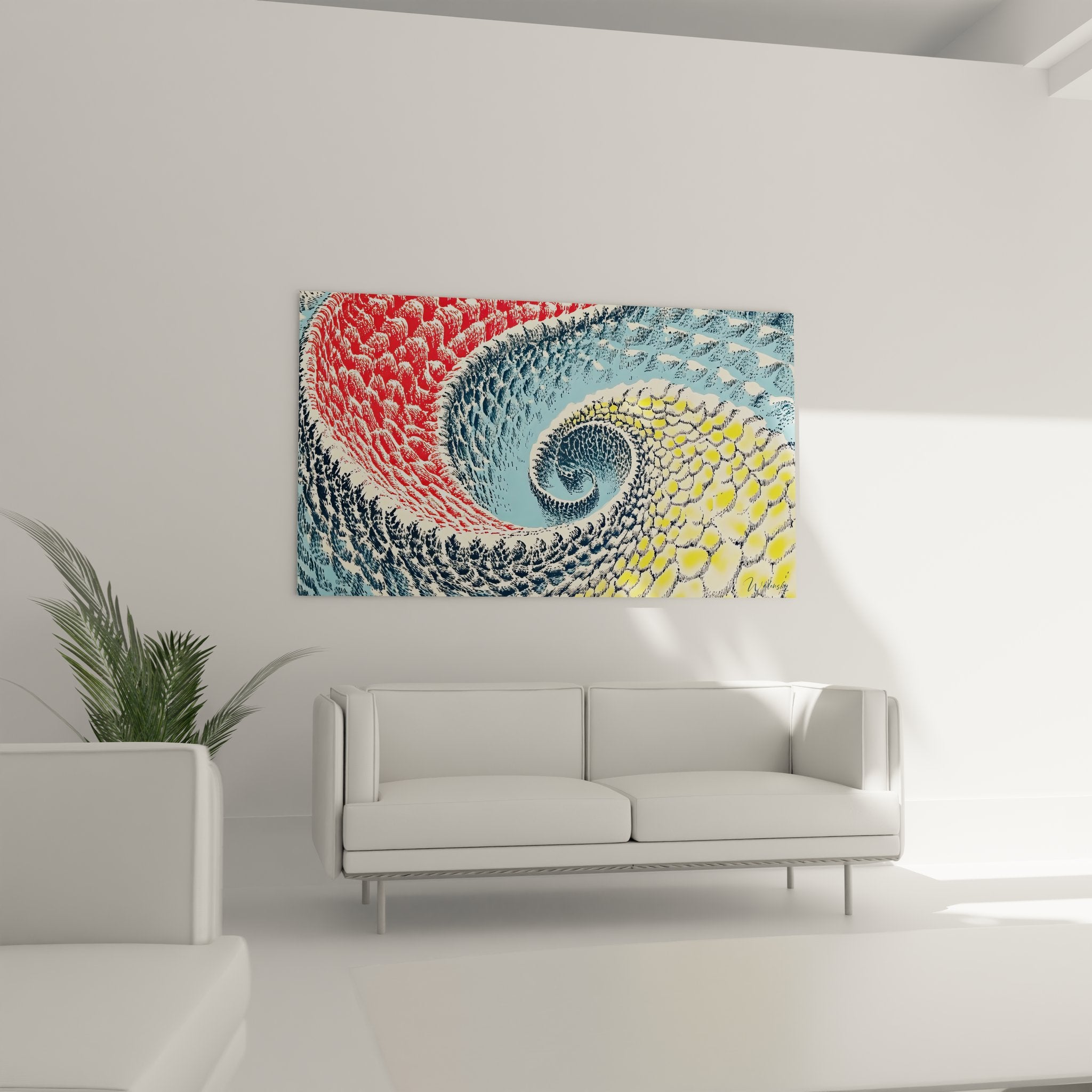 Gros plan détails texture tableau spirale abstrait couleurs rouge bleu jaune technique gravure