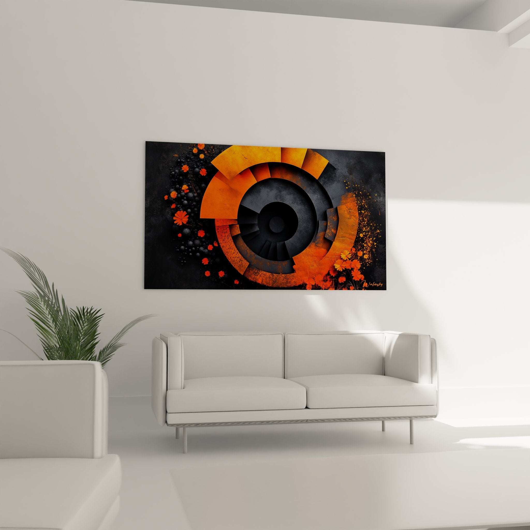 Gros plan détaillé des textures et reliefs du tableau spirale abstraite orange avec effets de matière