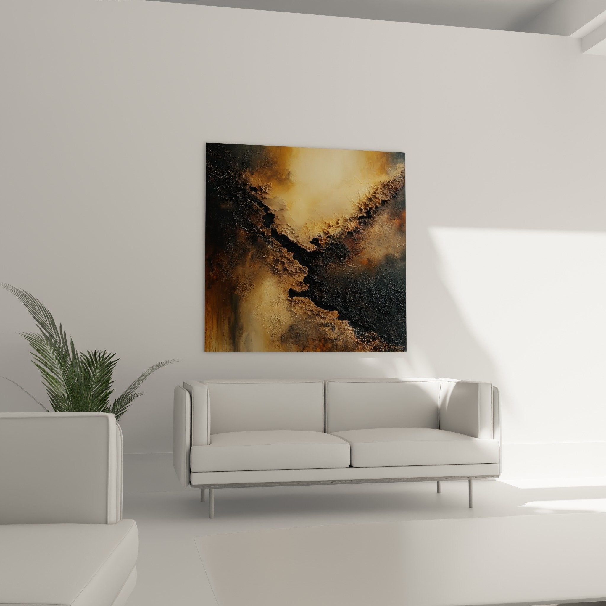 Textured relief abstract wall art organic material golden earth contrasting black feng shui northeast