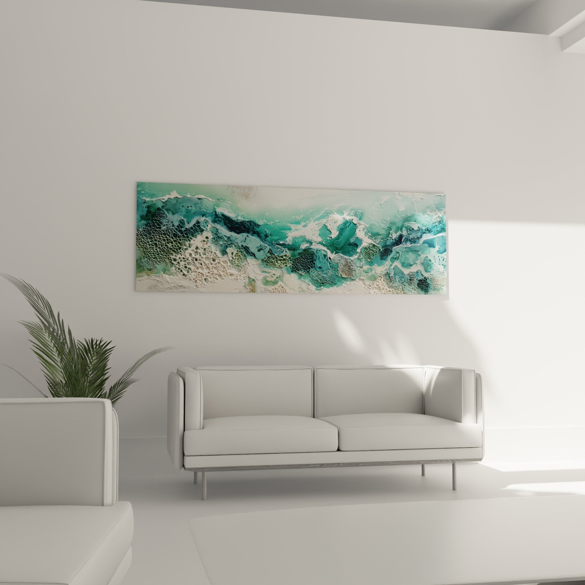 Textured abstract turquoise white painting with golden bubbles fluid relief contemporary wall art