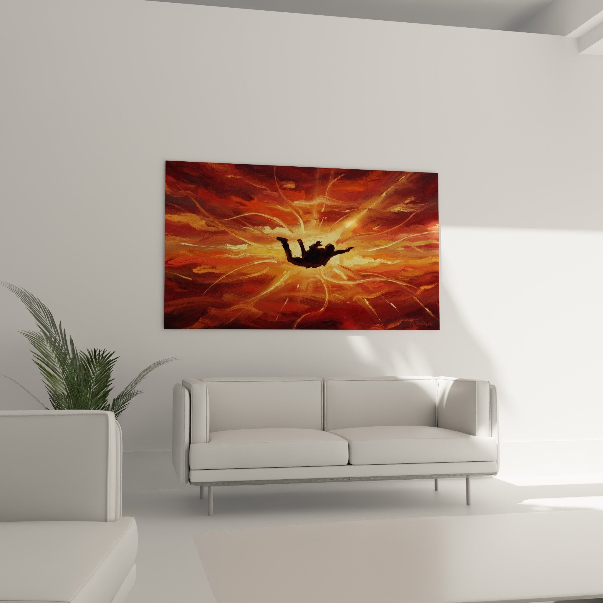 Detailaufnahme Gemäldetextur orangeroter Wirbel goldene Nuancen flüssige Bewegung Fallschirmsprung-Kunstwerk