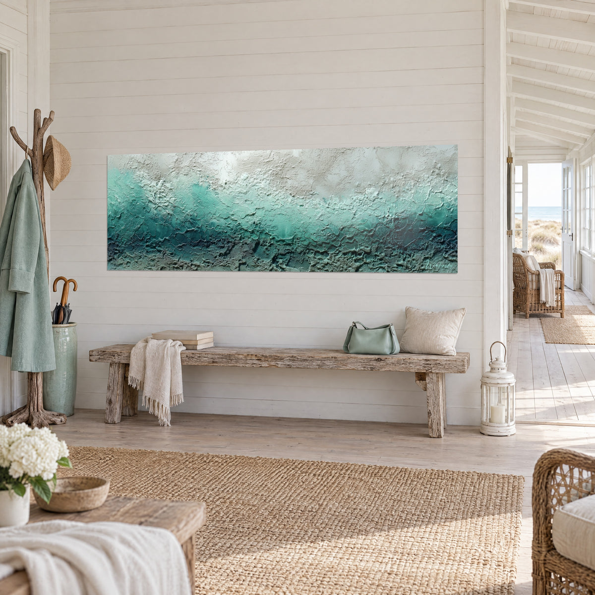 Wall art of a frozen wave in plaster crusts, gradient from jade to deep green and mother-of-pearl white, rough wooden bench, seaside house