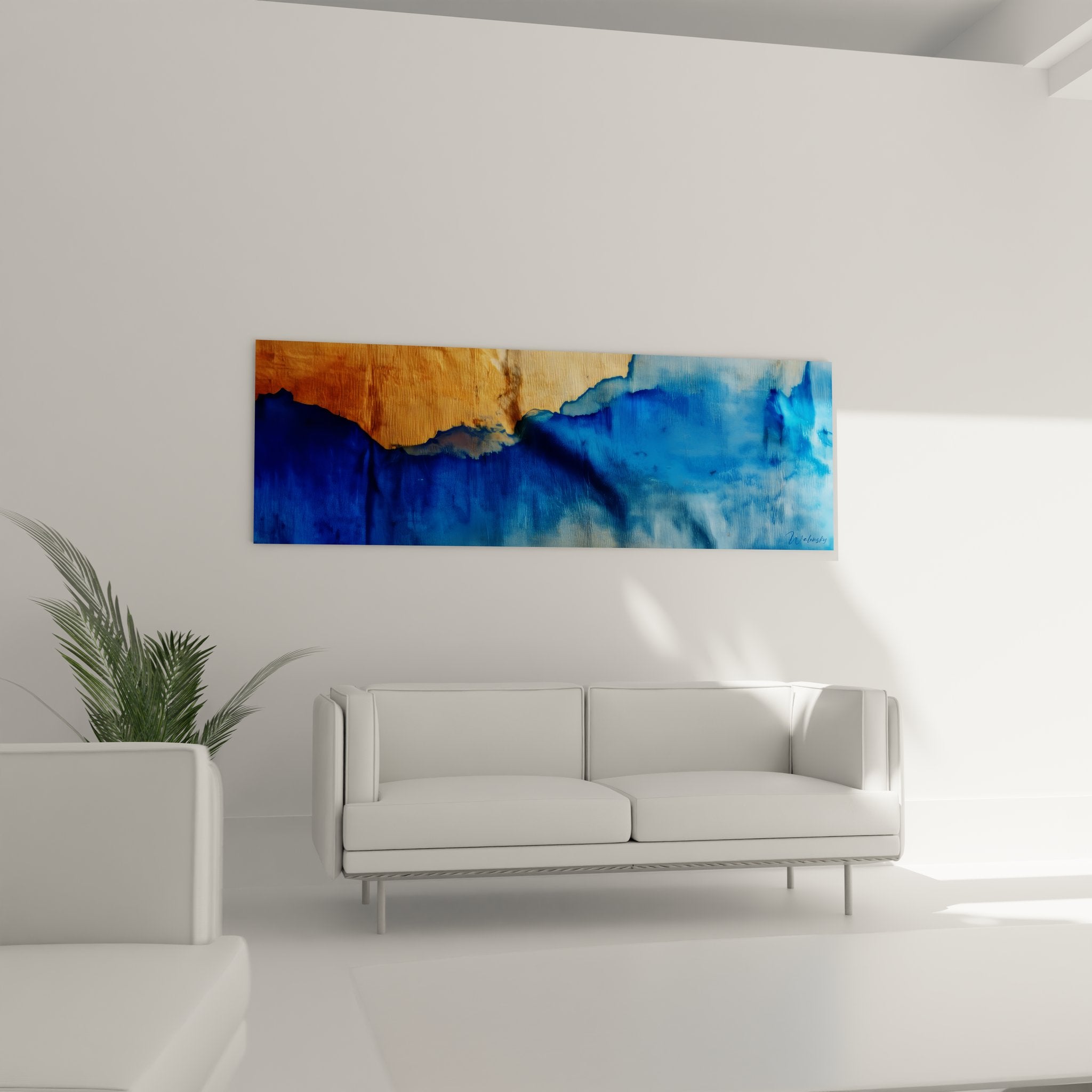 Gros plan texture vagues bleues abstraites, détail peinture fluide sur bois naturel doré