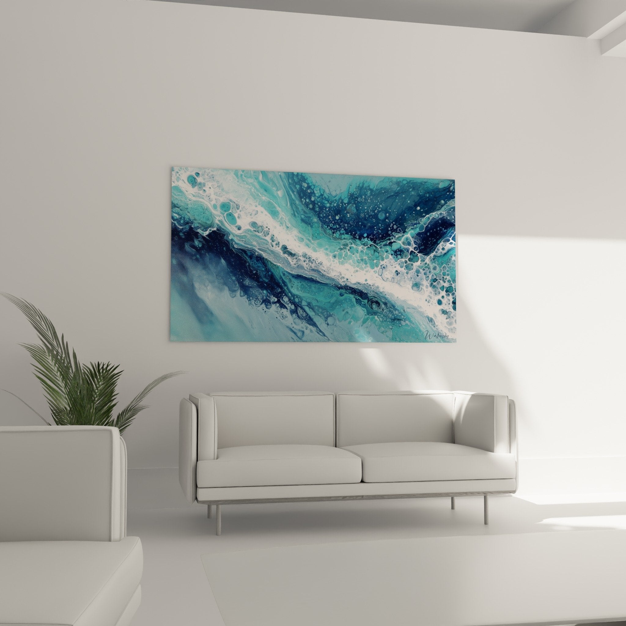 Détail texture vagues abstraites bleu océan bulles blanches peinture fluide feng shui nord eau