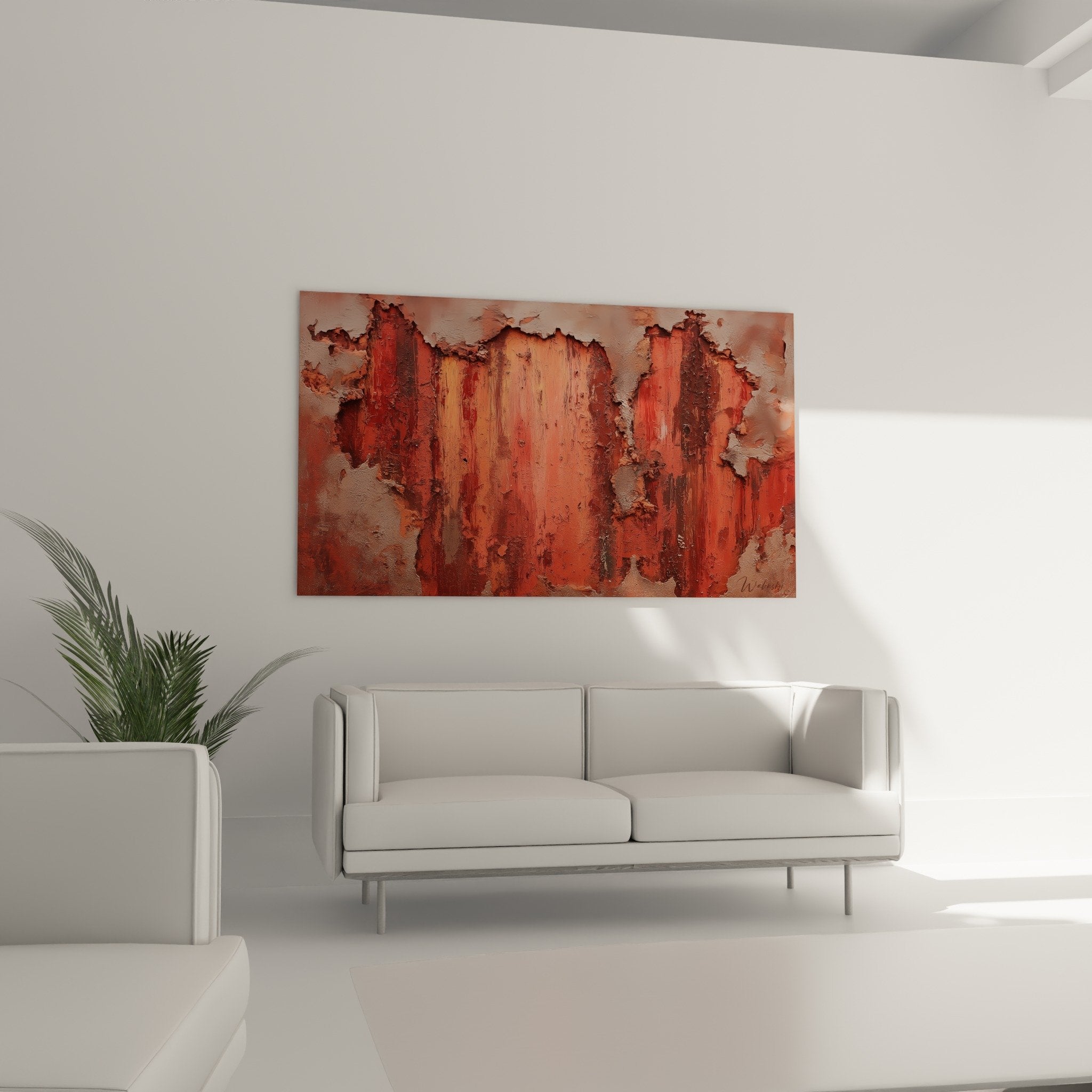 Detailaufnahme strukturierter abgelöster Texturen abstraktes rotes oranges Gemälde rohes Material natürliche Patina zeitgenössische Kunst Feng Shui