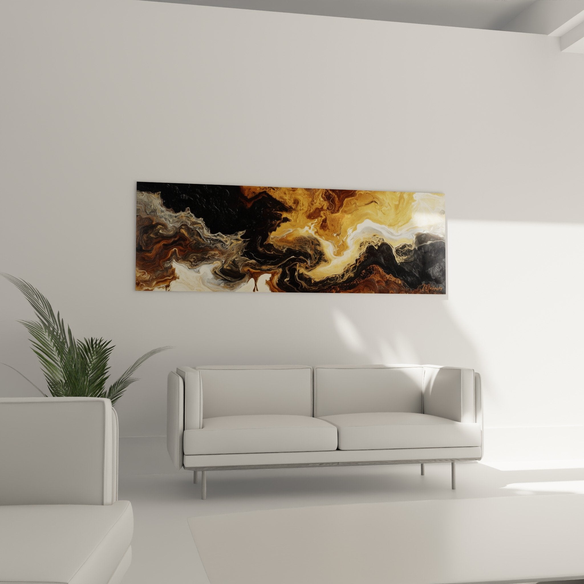 Détail rapproché des textures marbrées dorées et anthracite révélant la profondeur de l'œuvre abstraite