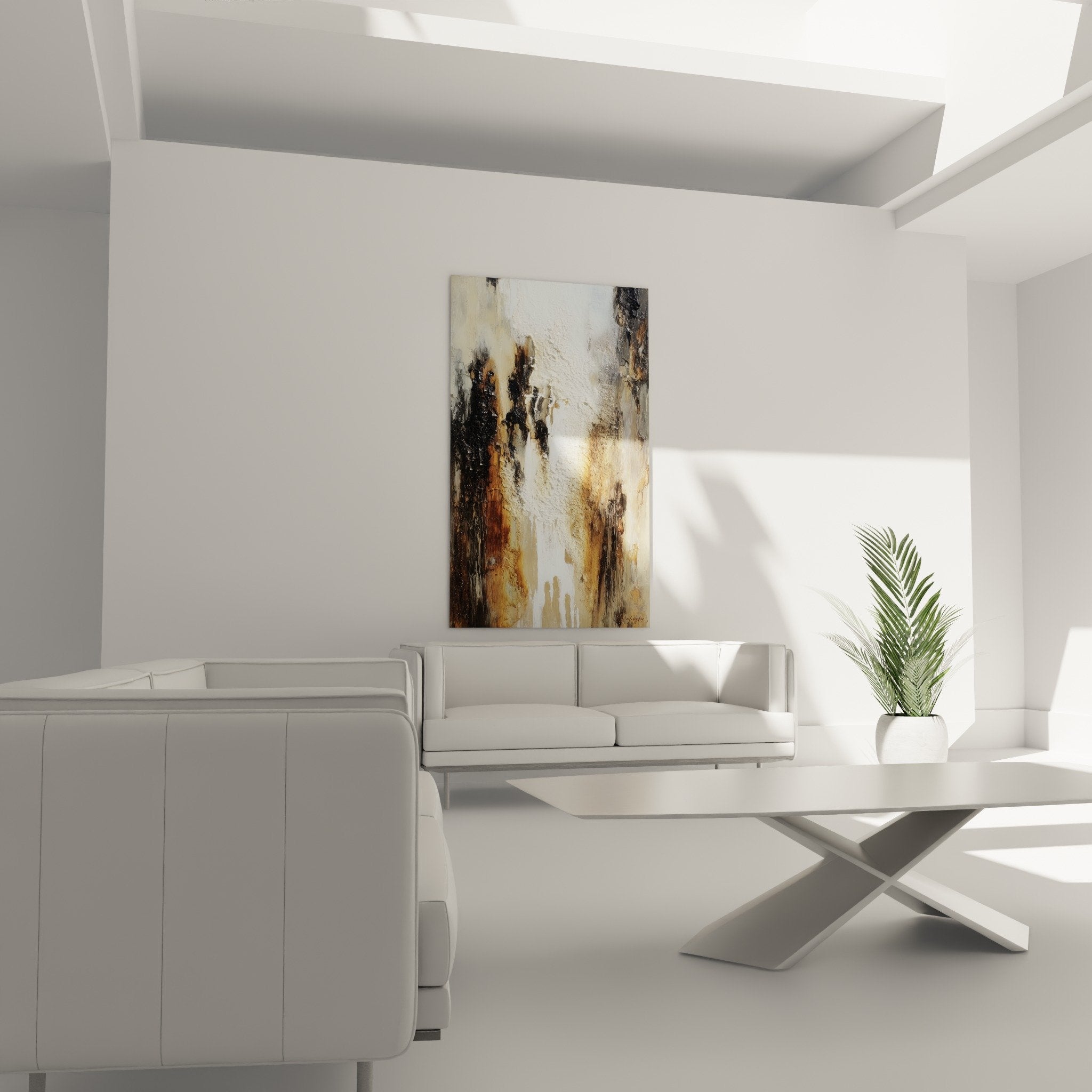 Détail textures empâtements tableau abstrait nuances dorées blanches matière relief feng shui centre terre