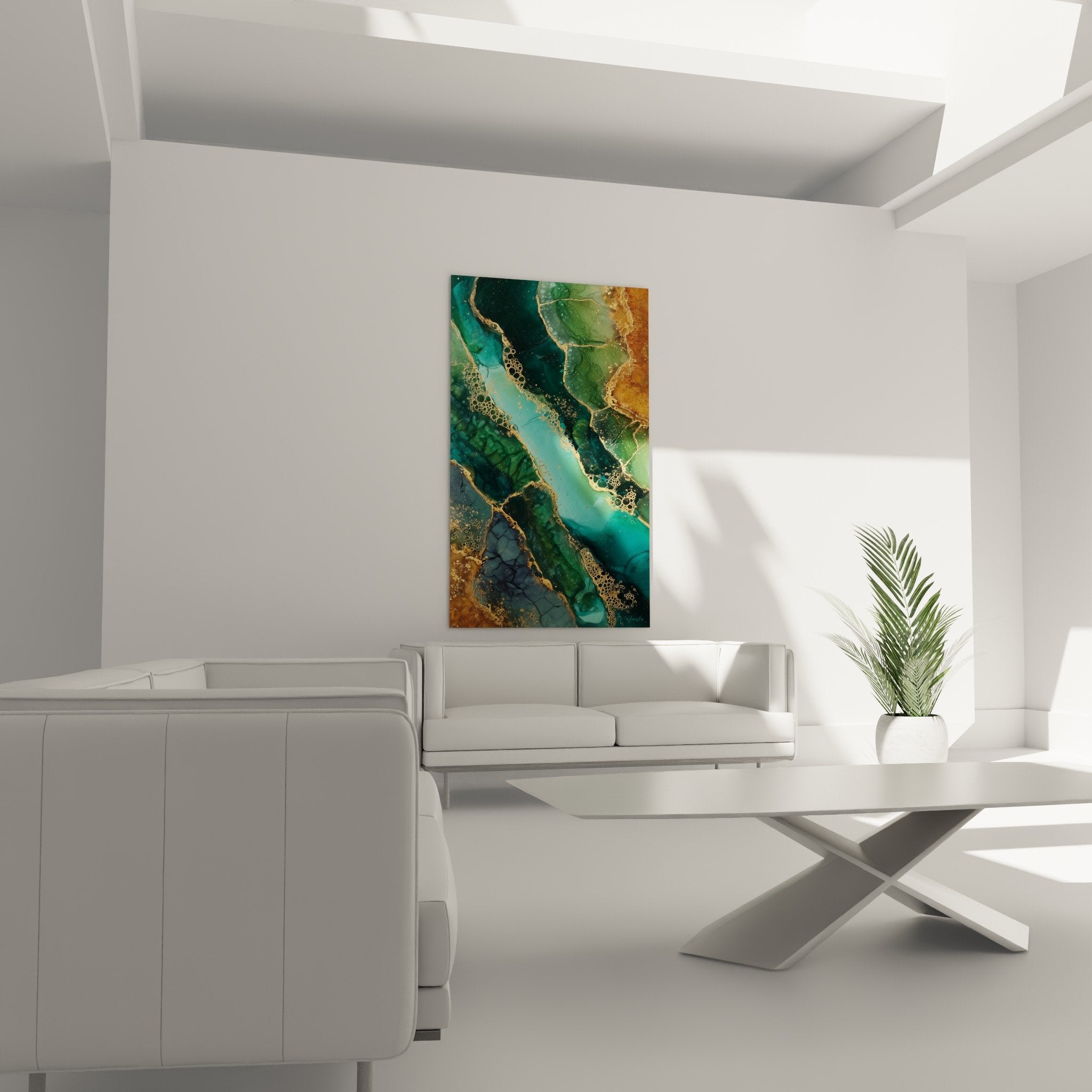 Close-up of turquoise marbled textures and gold bubbles abstract feng shui artwork