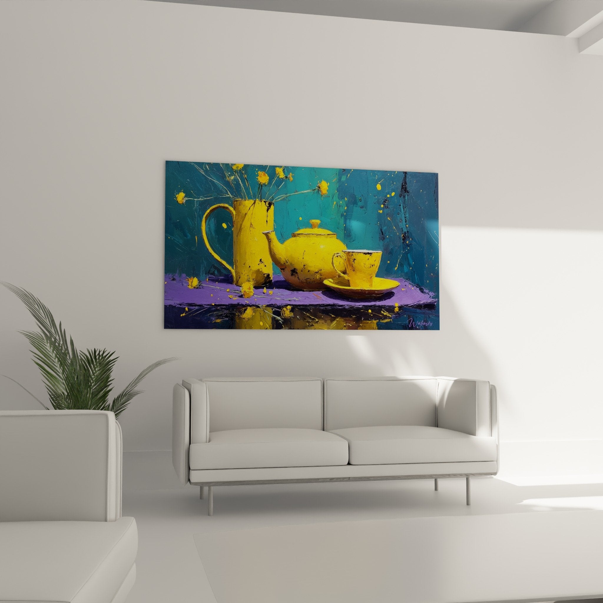 detail bright yellow japanese teapot cup saucer expressionist painting splashes
